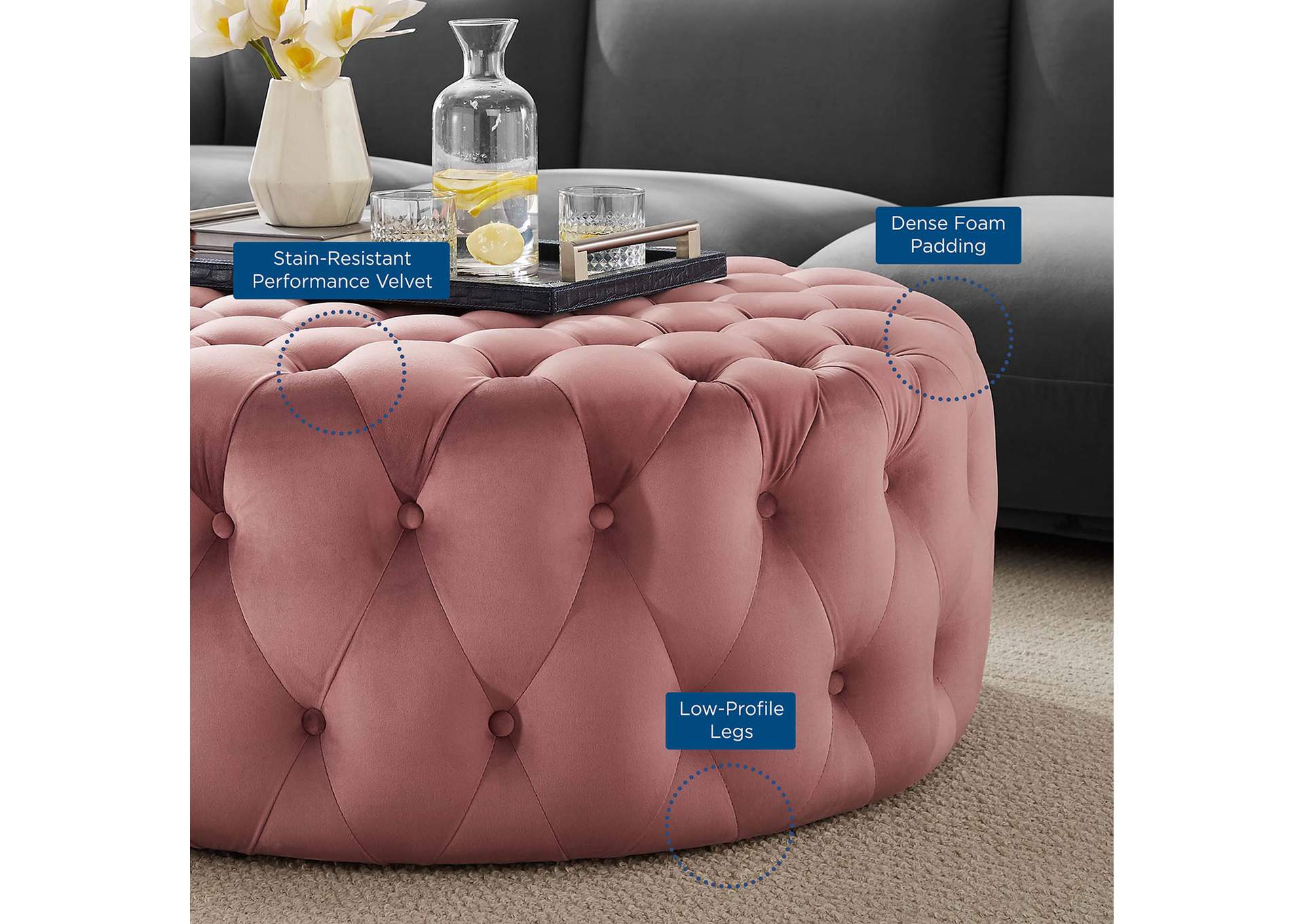 Amour Tufted Button Large Round Performance Velvet Ottoman image 6
