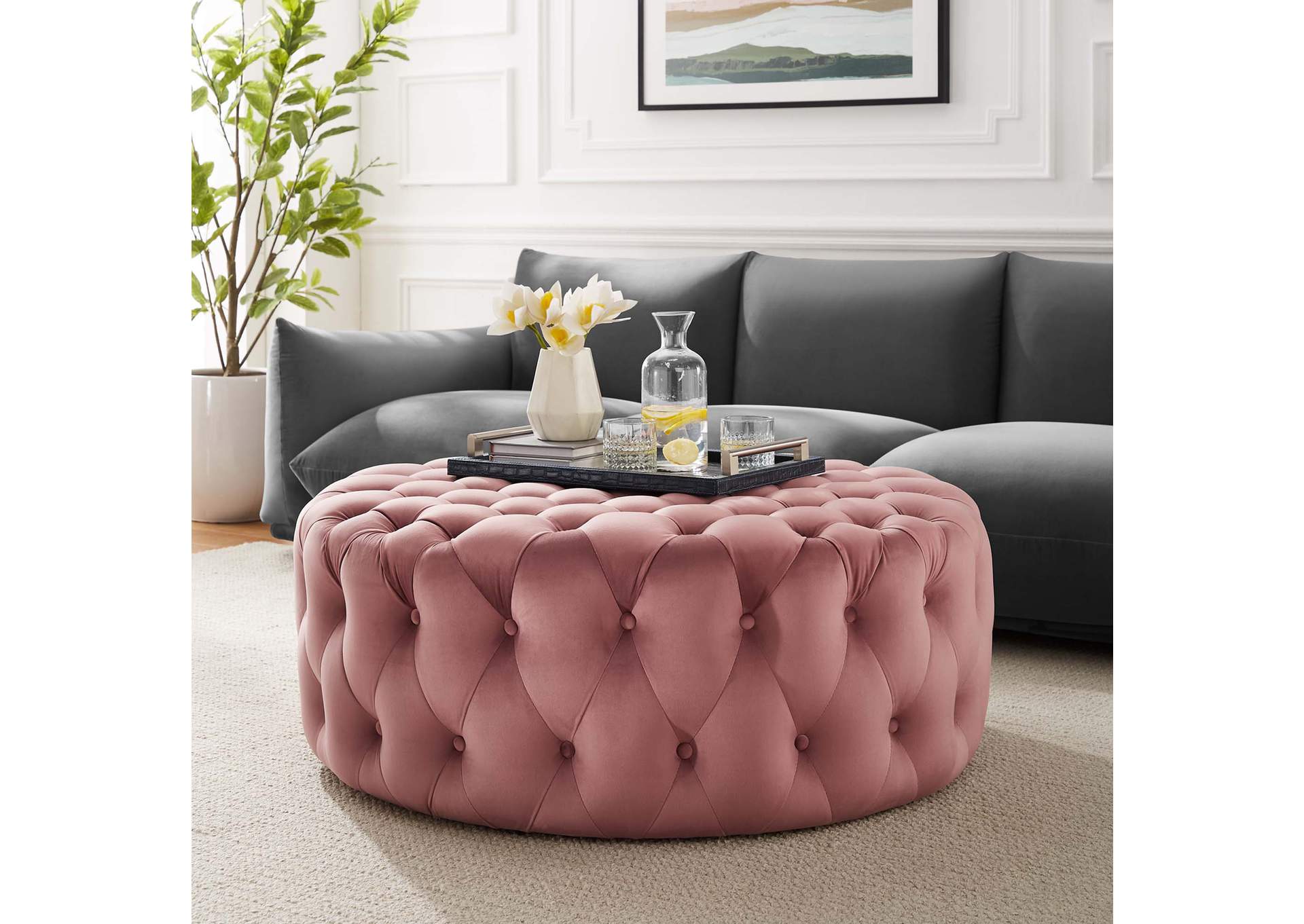 Amour Tufted Button Large Round Performance Velvet Ottoman image 7