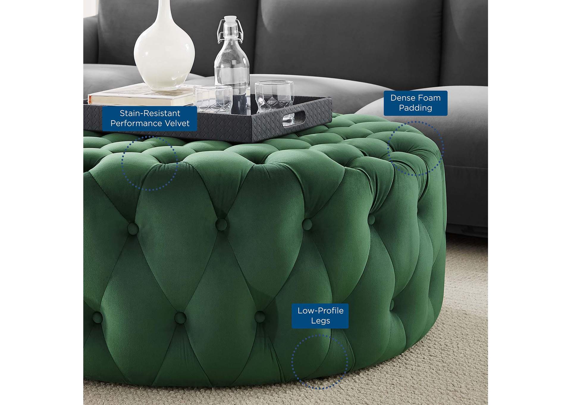Amour Tufted Button Large Round Performance Velvet Ottoman image 6