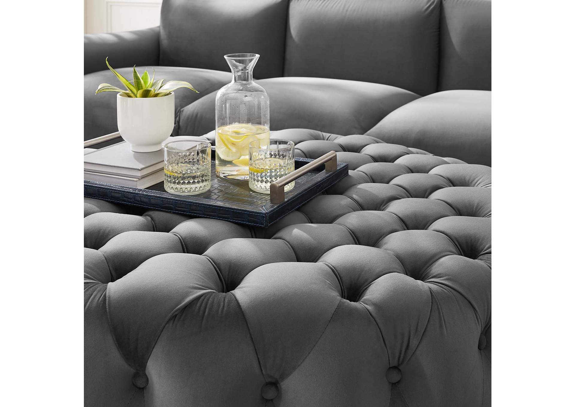 Amour Tufted Button Large Round Performance Velvet Ottoman image 5
