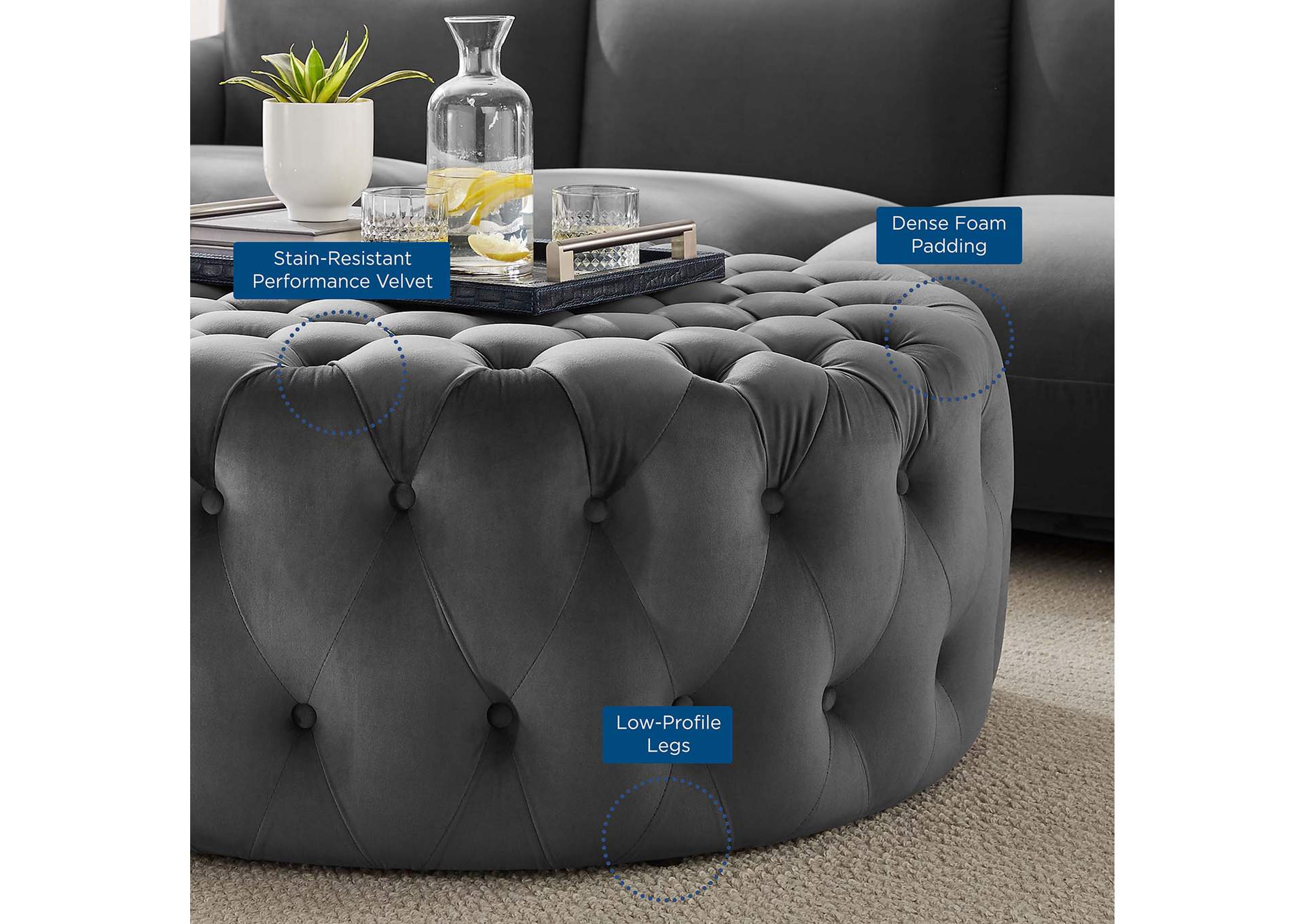 Amour Tufted Button Large Round Performance Velvet Ottoman image 6
