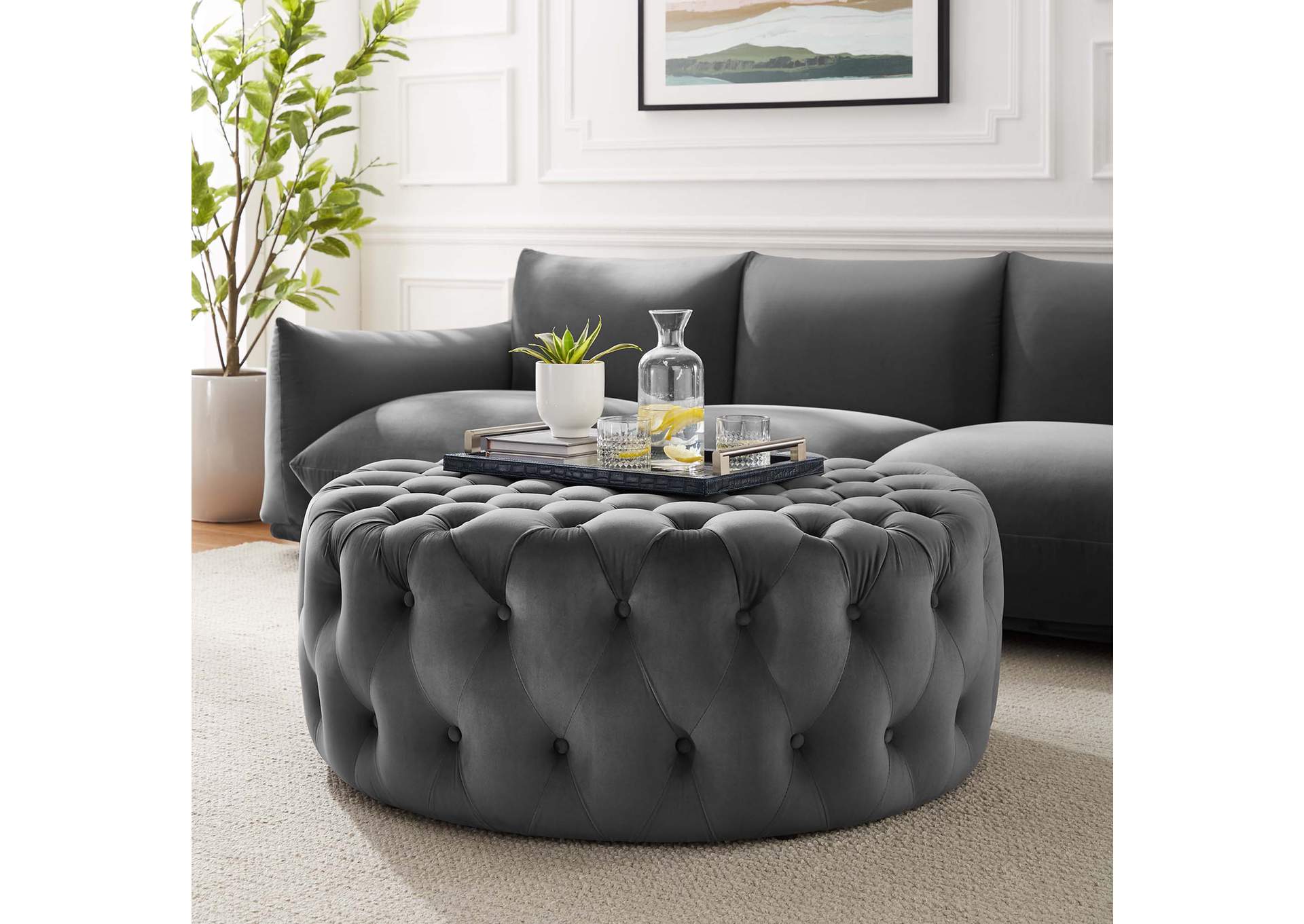 Amour Tufted Button Large Round Performance Velvet Ottoman image 7
