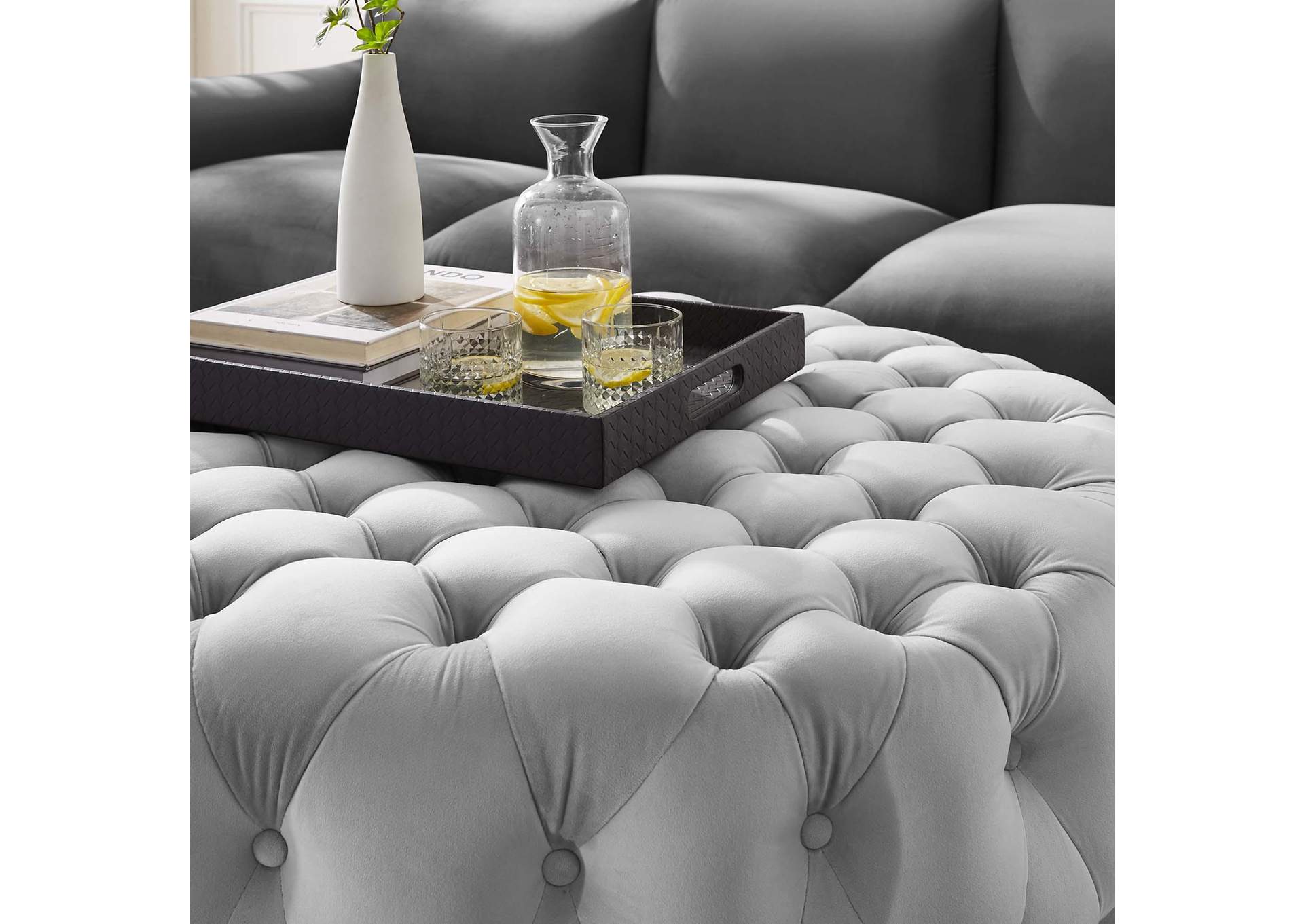 Amour Tufted Button Large Round Performance Velvet Ottoman image 5