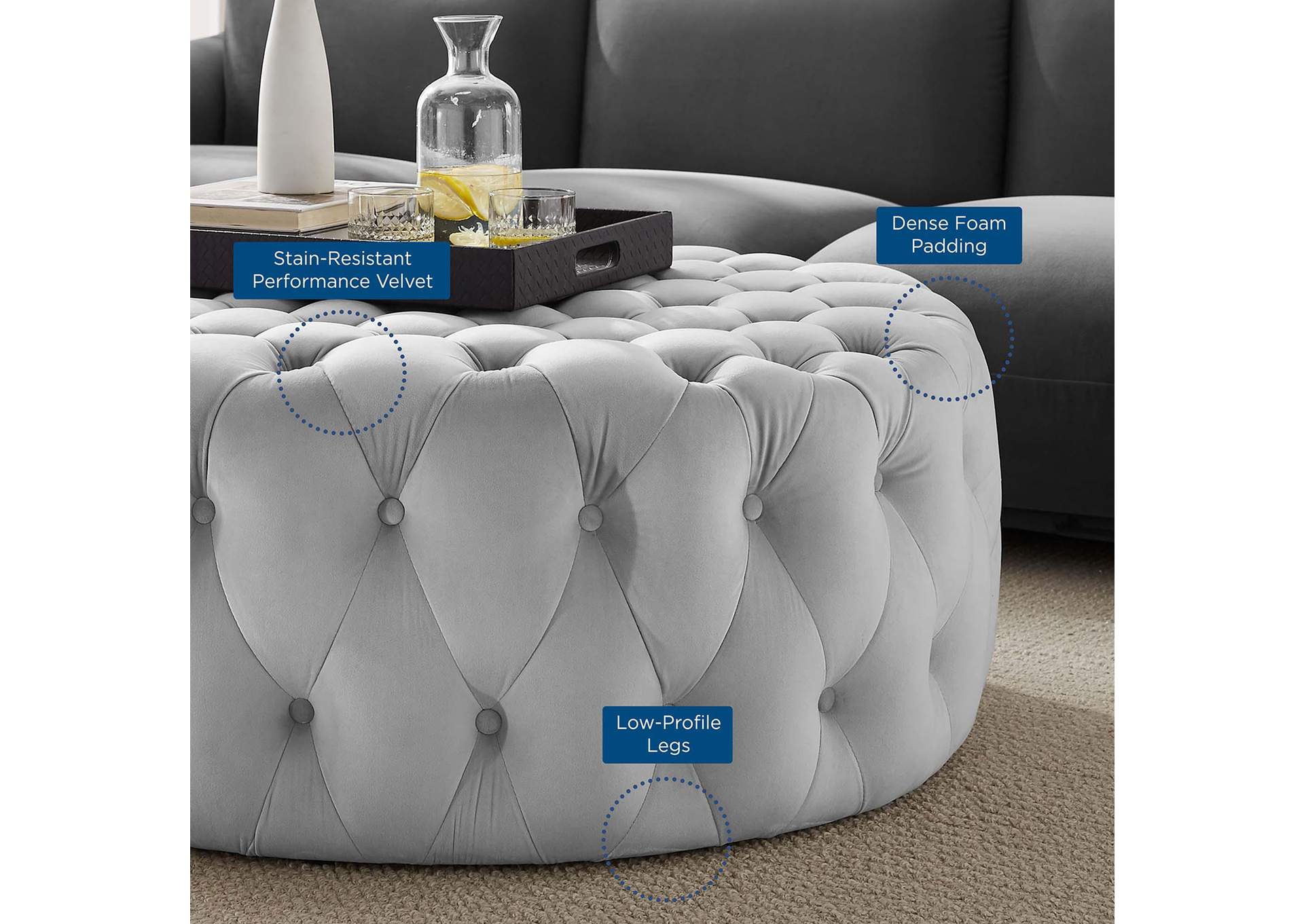 Amour Tufted Button Large Round Performance Velvet Ottoman image 6