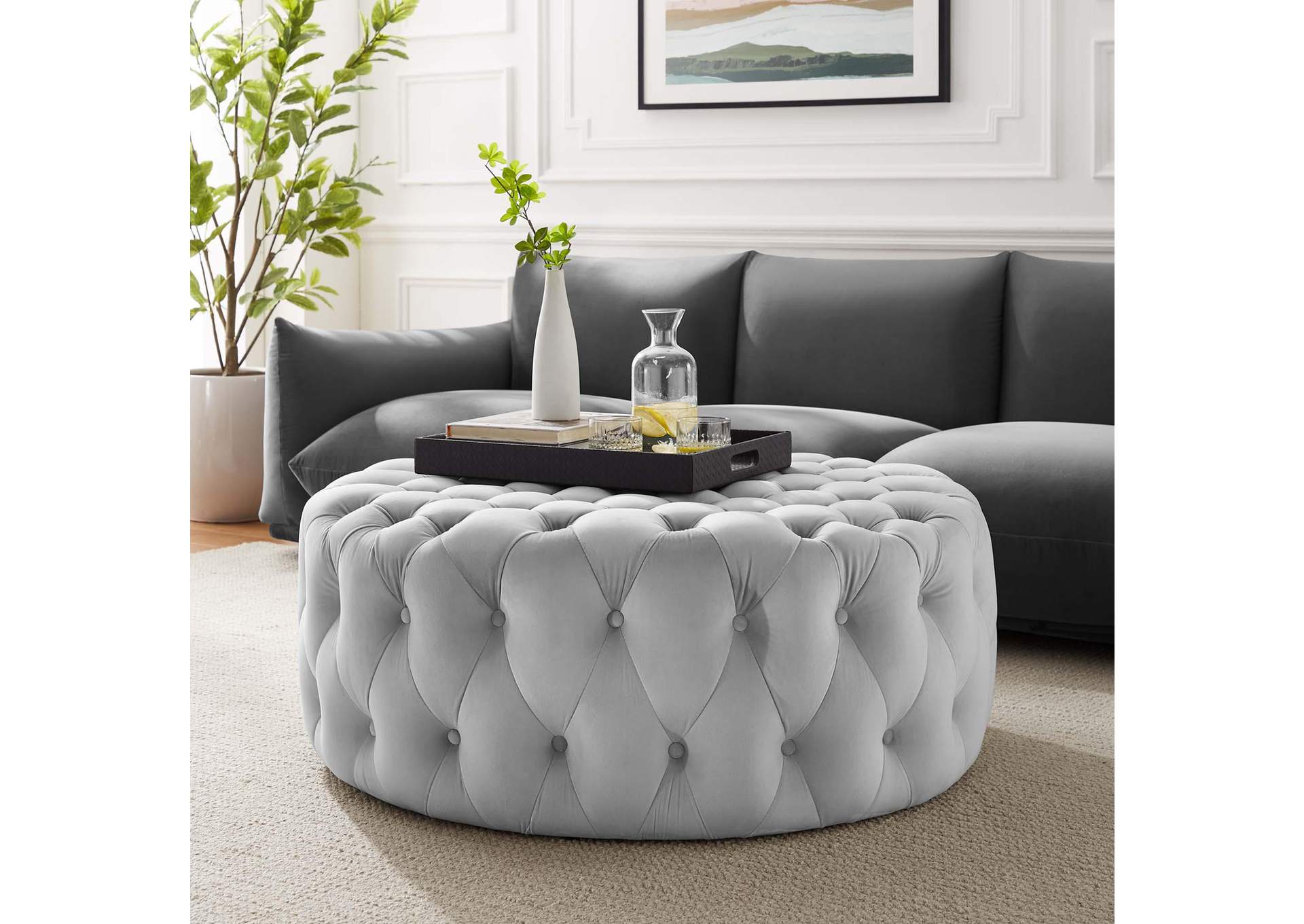 Amour Tufted Button Large Round Performance Velvet Ottoman image 7