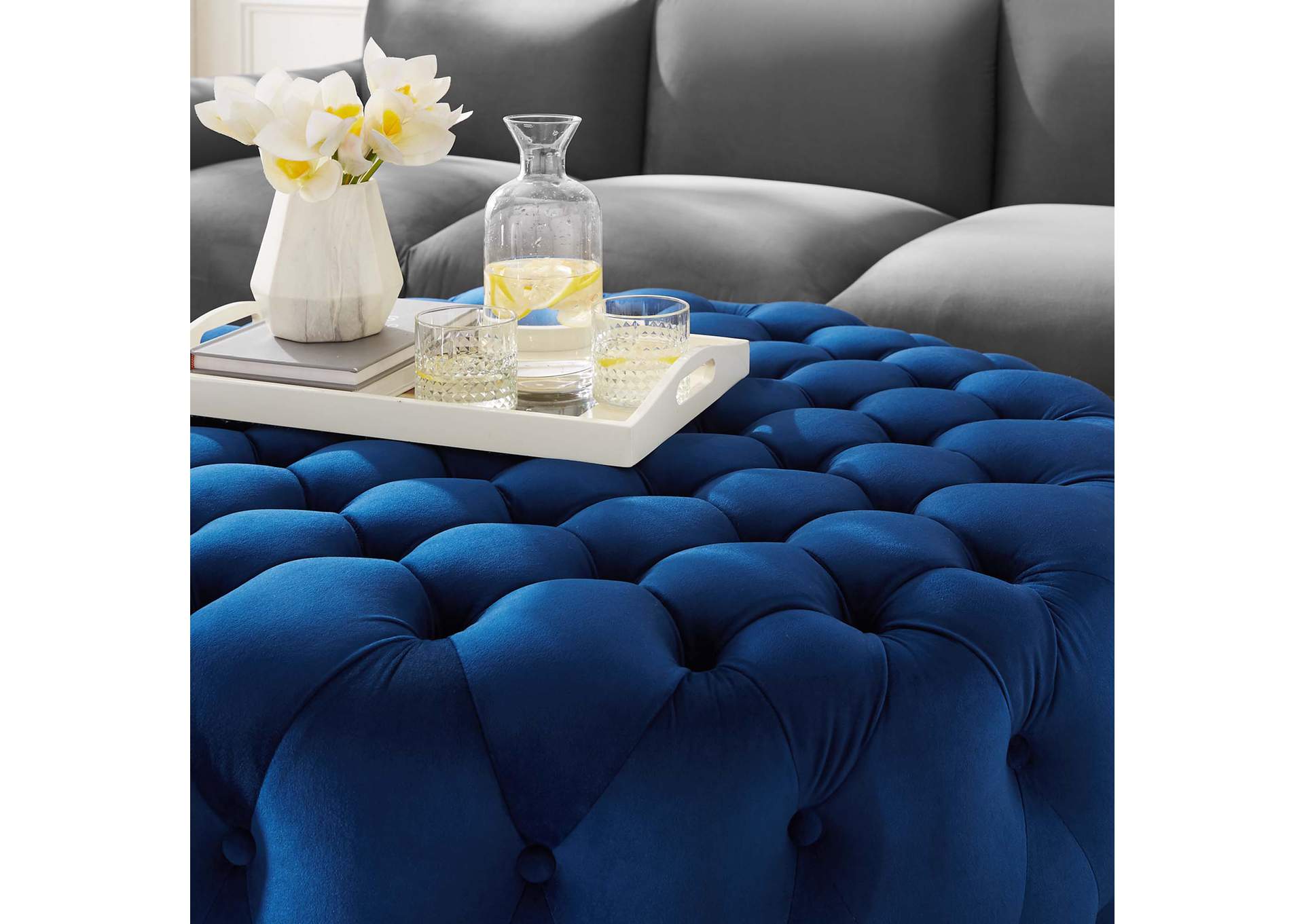 Amour Tufted Button Large Round Performance Velvet Ottoman image 5