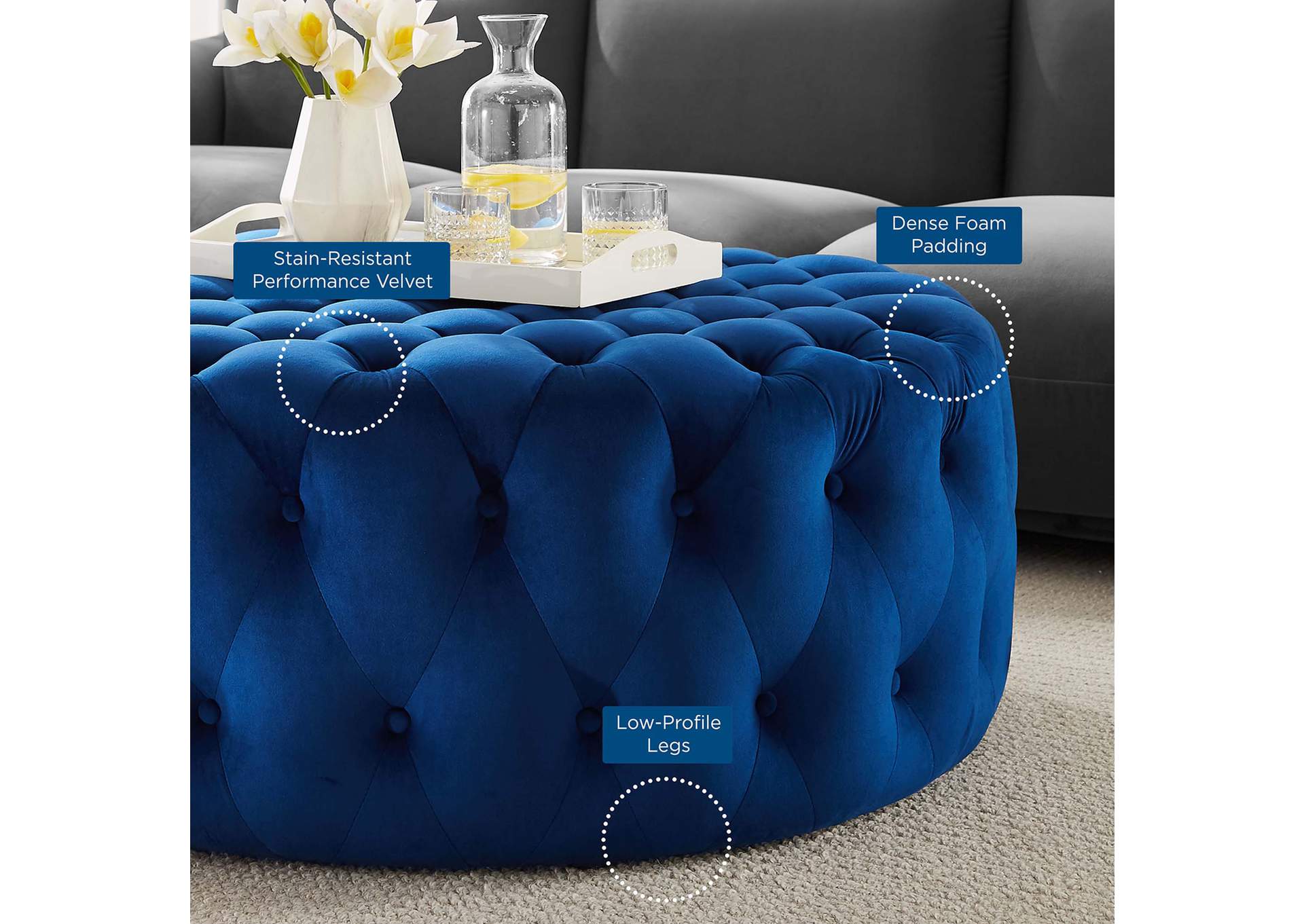 Amour Tufted Button Large Round Performance Velvet Ottoman image 6