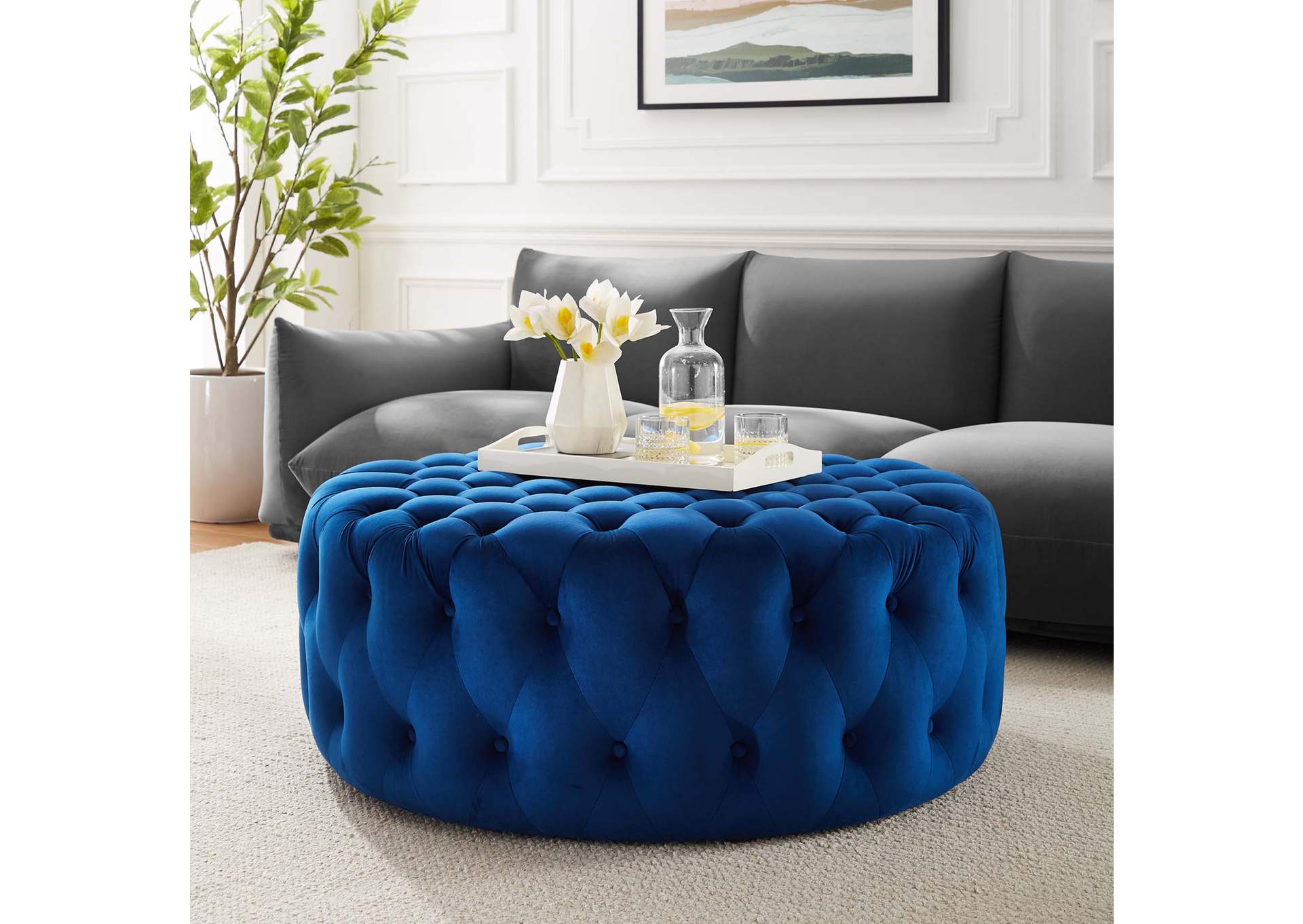 Amour Tufted Button Large Round Performance Velvet Ottoman image 7