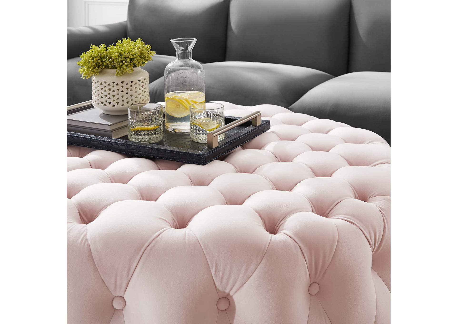 Amour Tufted Button Large Round Performance Velvet Ottoman image 5