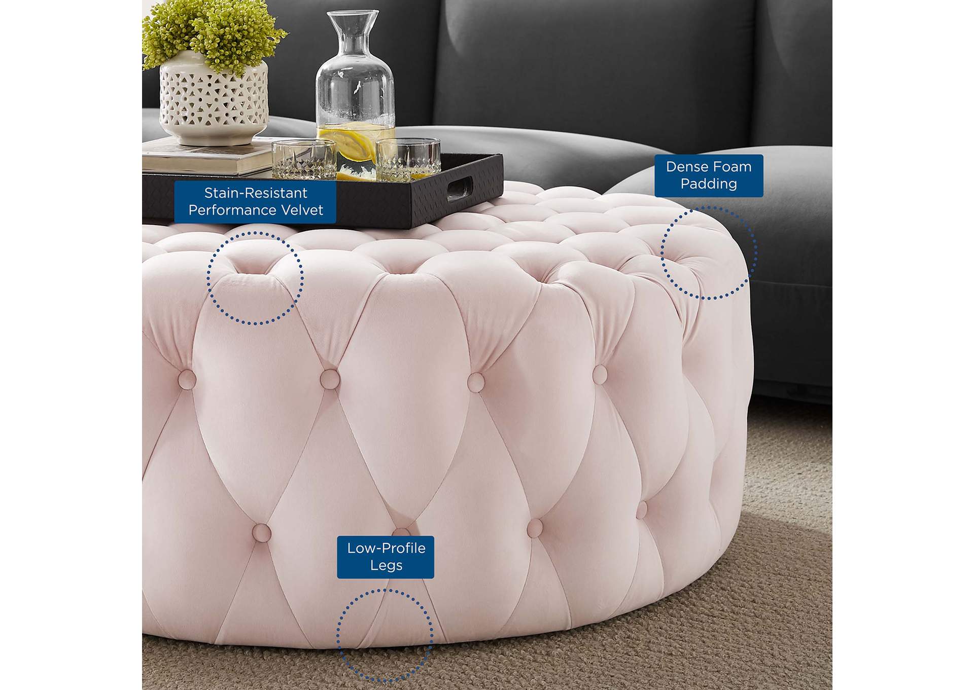 Amour Tufted Button Large Round Performance Velvet Ottoman image 6