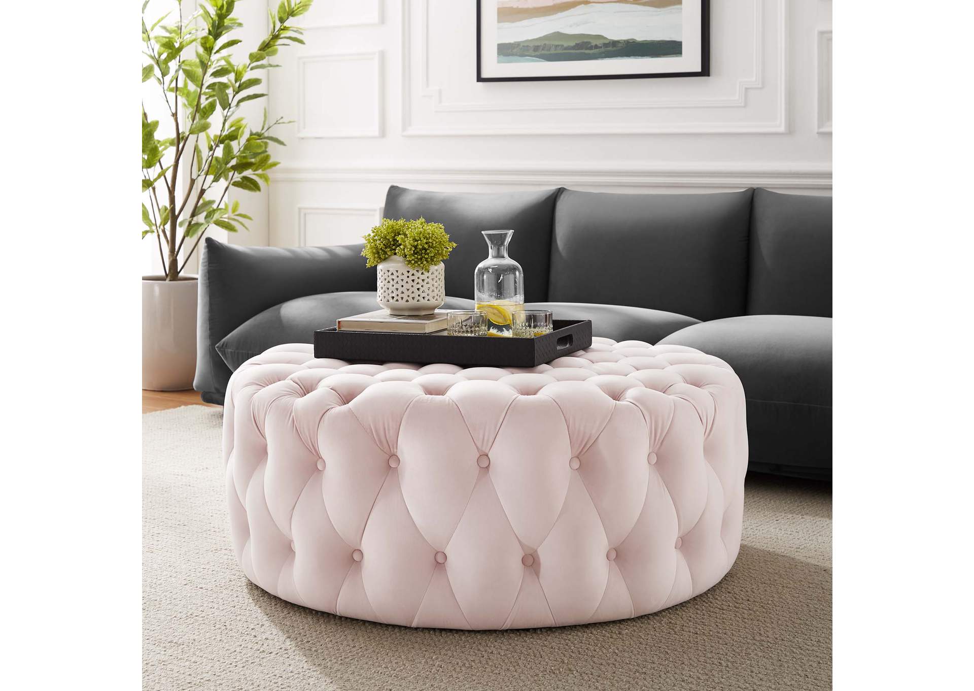 Amour Tufted Button Large Round Performance Velvet Ottoman image 7
