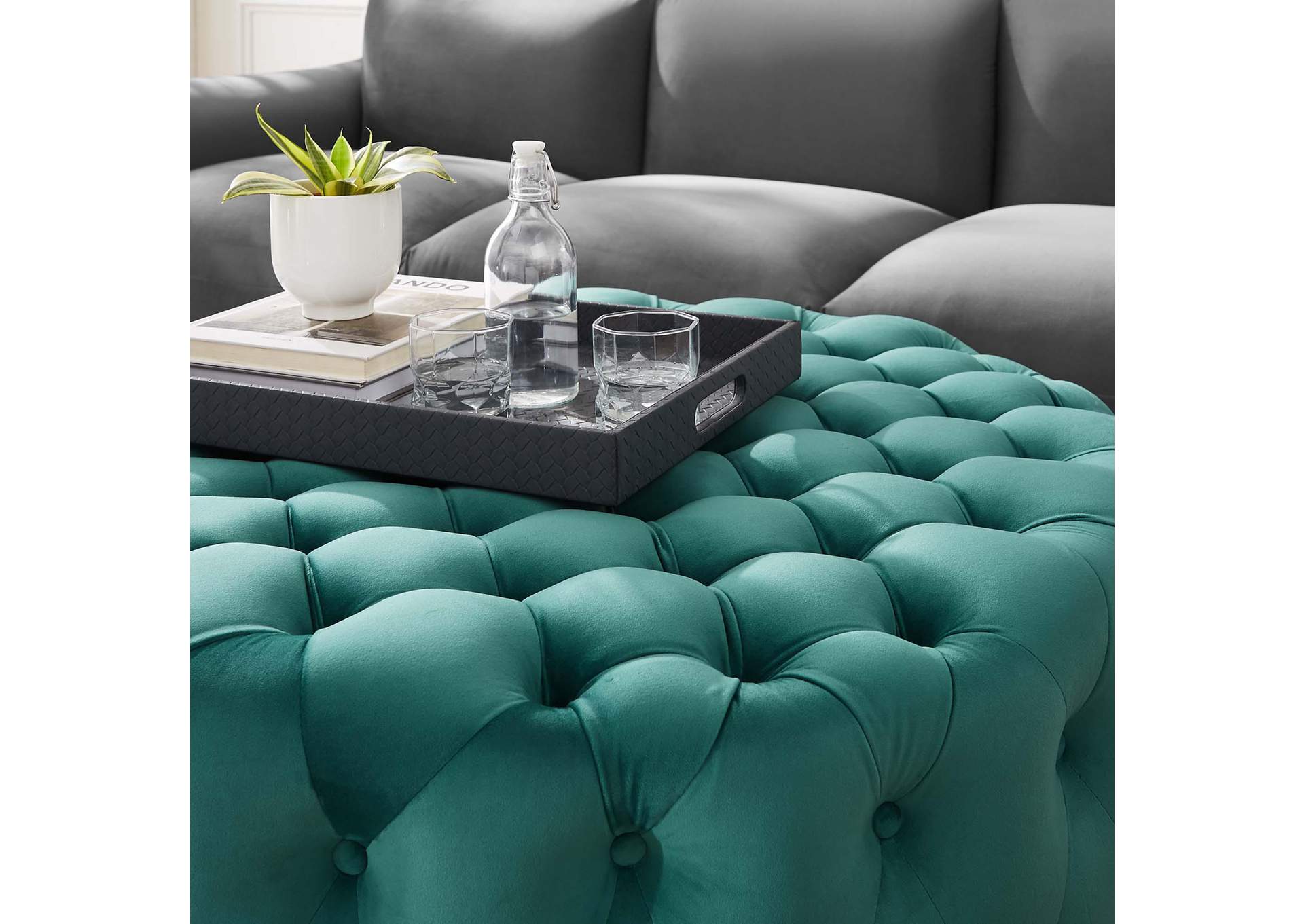 Amour Tufted Button Large Round Performance Velvet Ottoman image 5