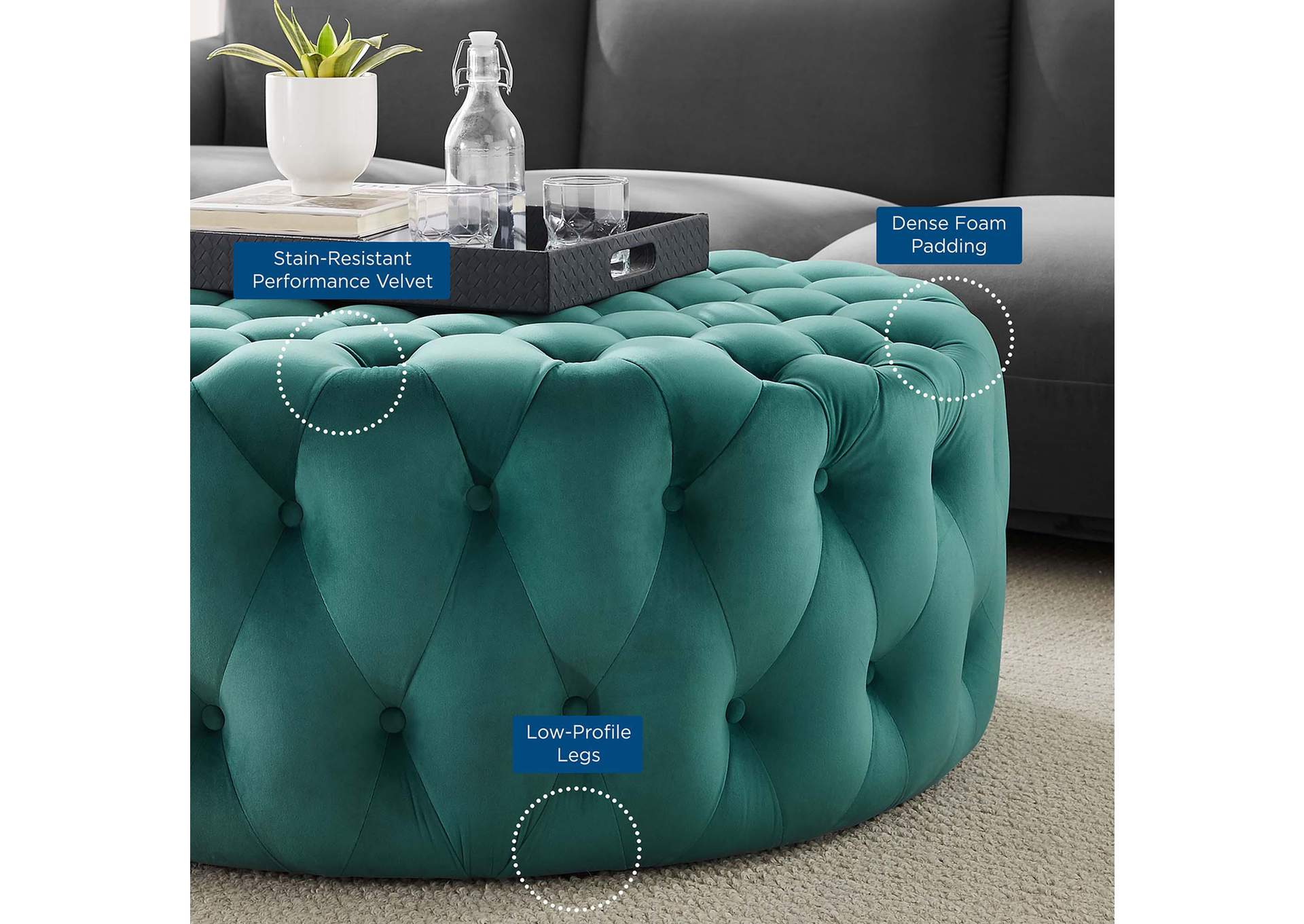 Amour Tufted Button Large Round Performance Velvet Ottoman image 6