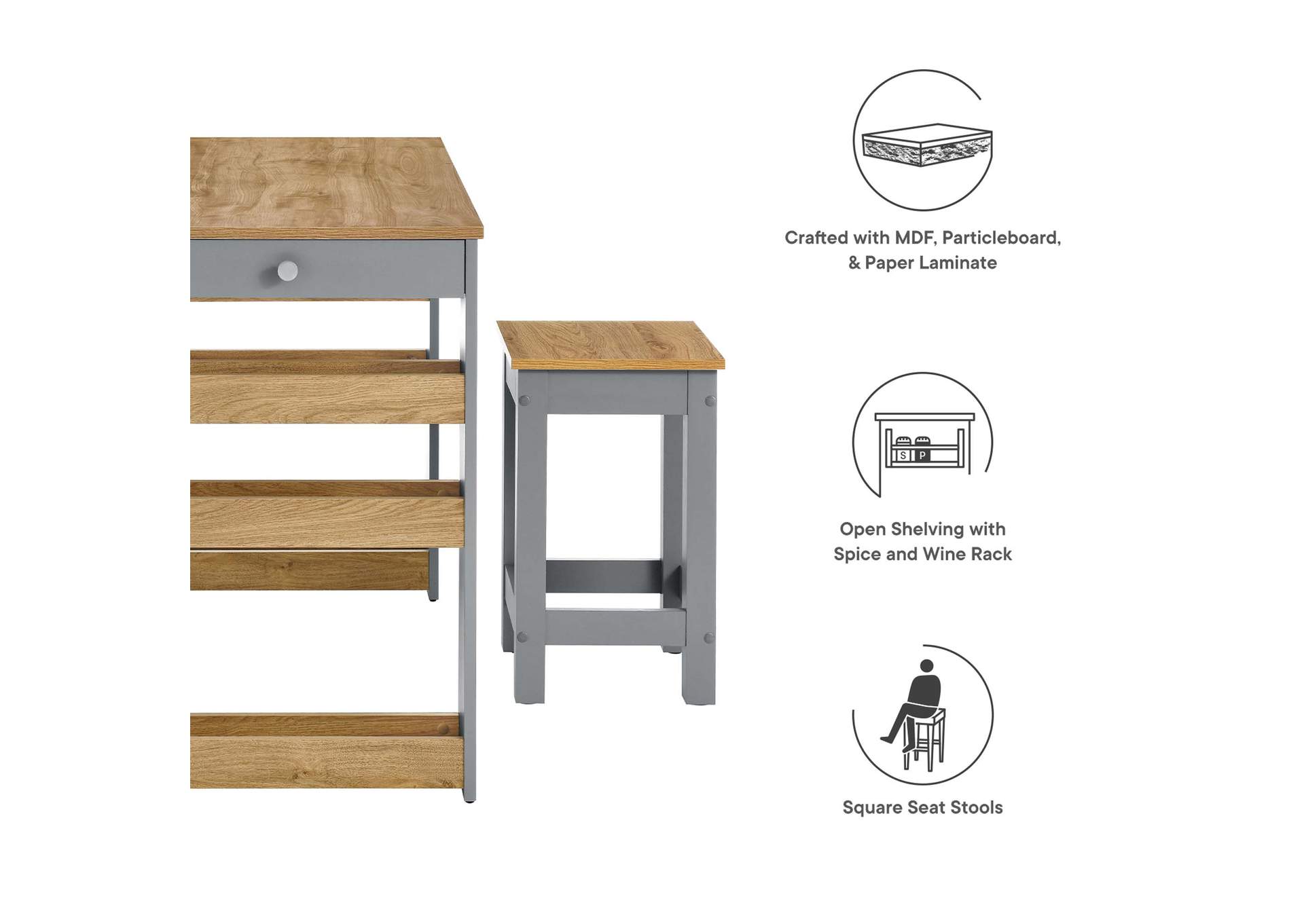 Galley 3-Piece Kitchen Island And Stool Set