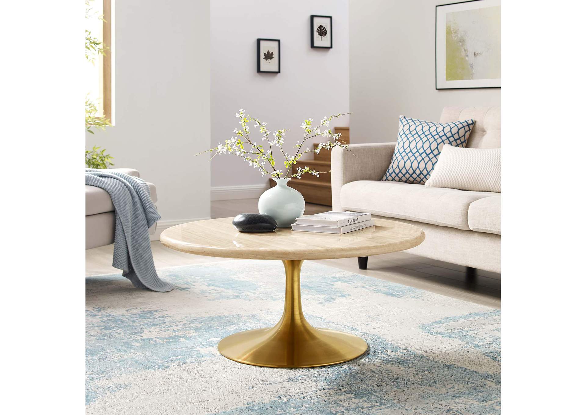 Lippa 36” Round Artificial Travertine Coffee Table image 9