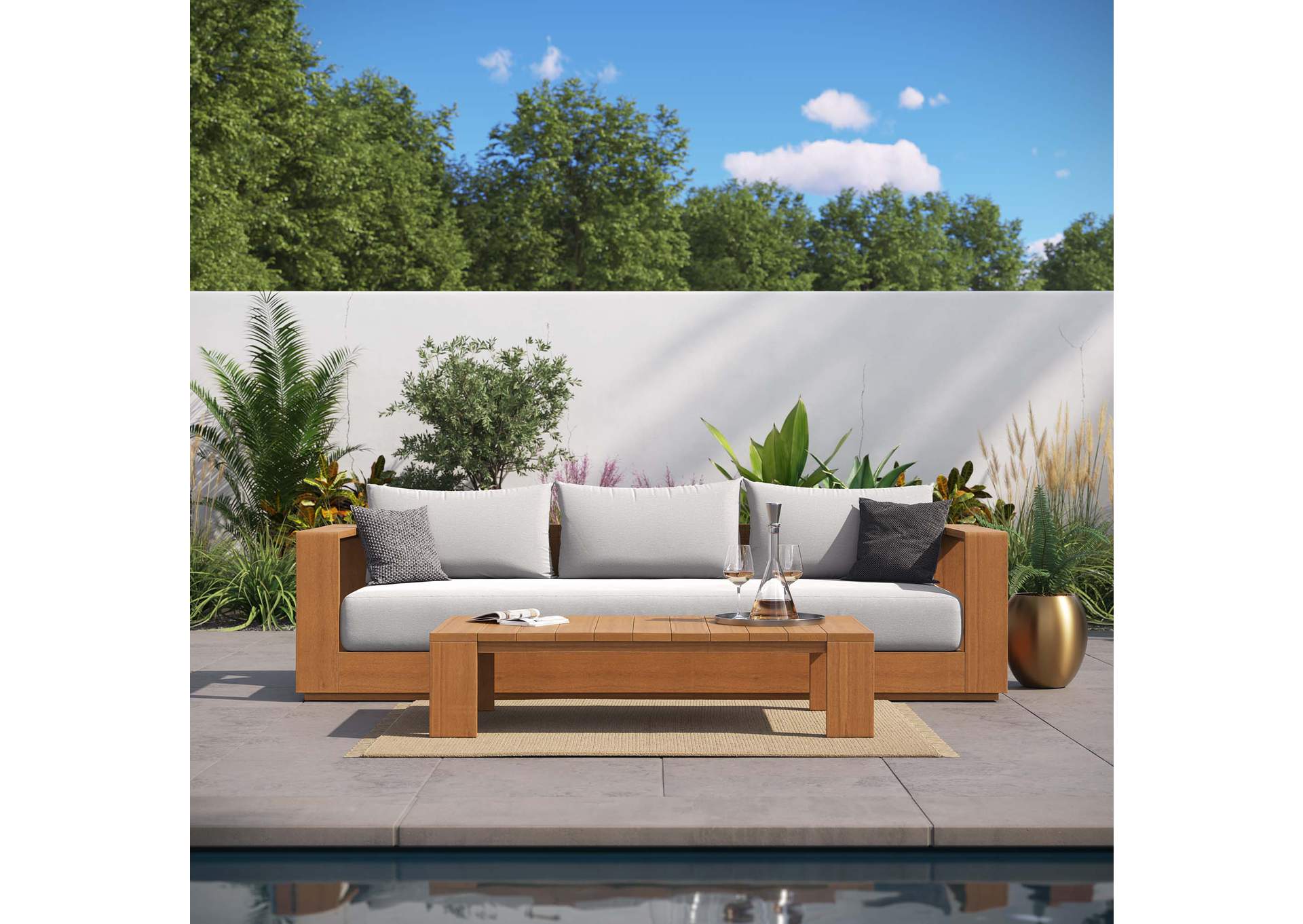 Tahoe Outdoor Patio Acacia Wood 2-Piece Sofa And Coffee Table Set