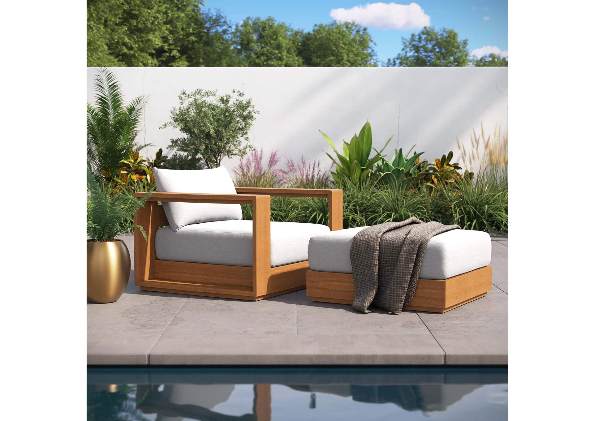 Tahoe Outdoor Patio Acacia Wood 2-Piece Armchair And Ottoman Set