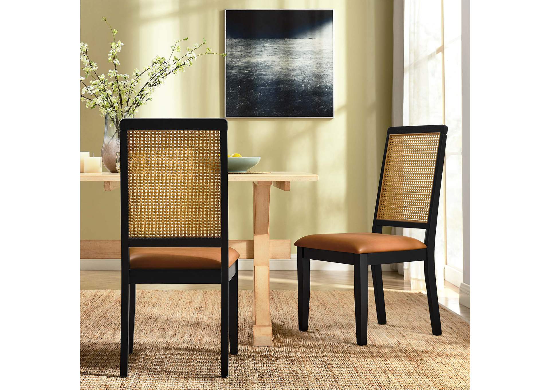 Arlo Vegan Leather Upholstered Faux Rattan And Wood Dining Side Chairs - Set Of 2
