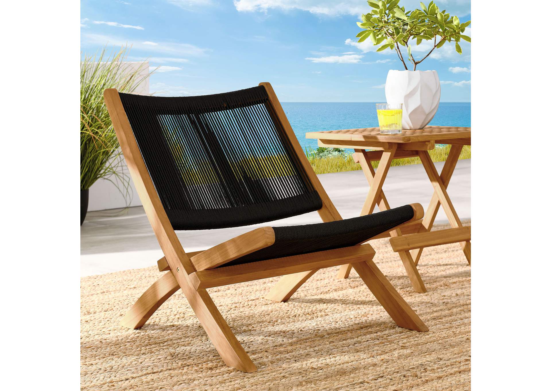 Vienna Outdoor Patio Teak And Rope Folding Accent Lounge Chair By Modway image 10