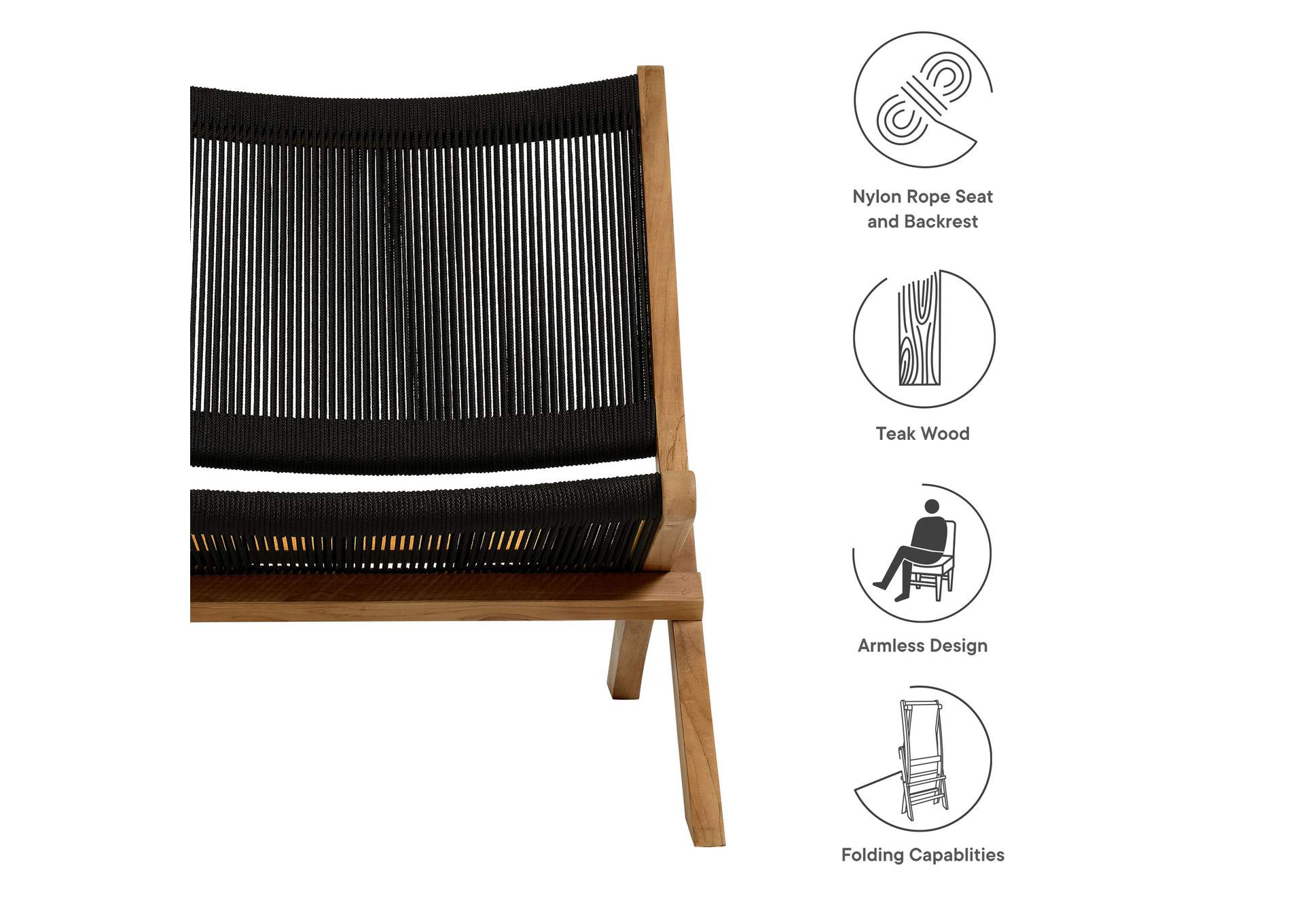 Vienna Outdoor Patio Teak And Rope Folding Accent Lounge Chair By Modway image 3