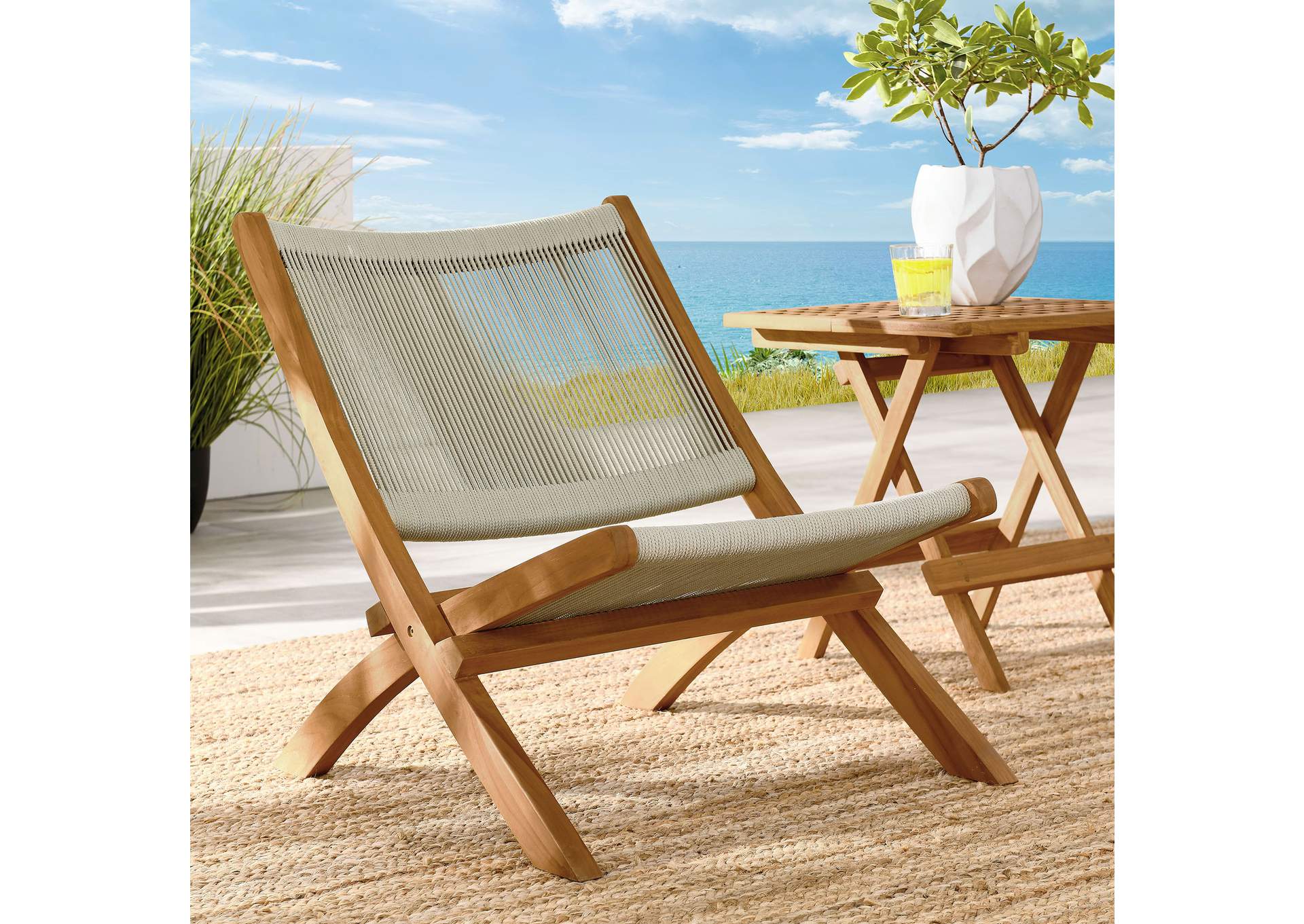 Vienna Outdoor Patio Teak And Rope Folding Accent Lounge Chair By Modway image 10
