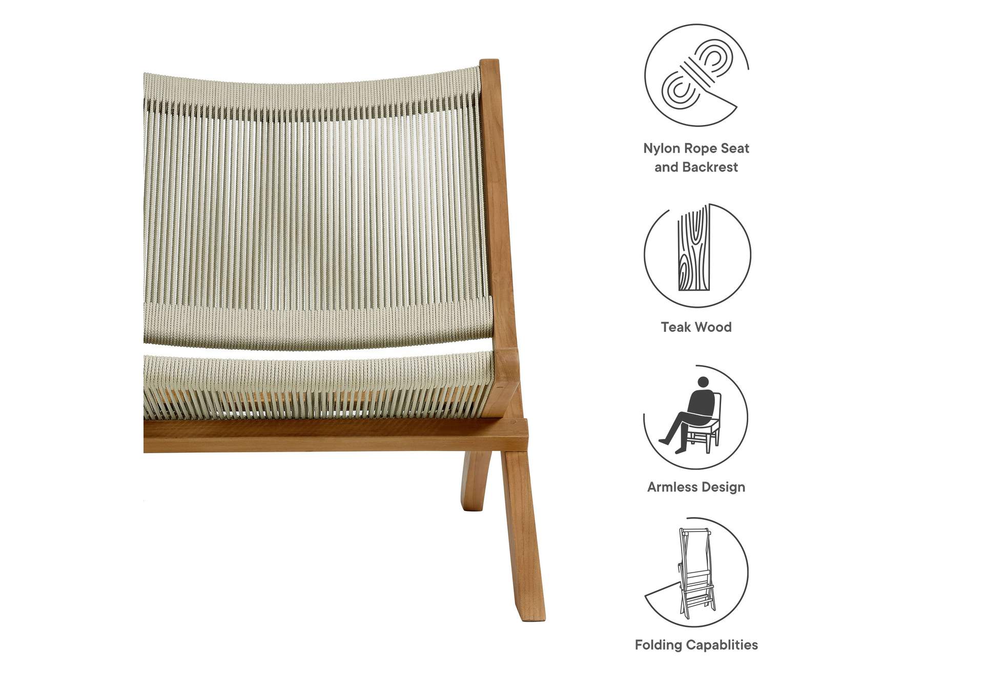 Vienna Outdoor Patio Teak And Rope Folding Accent Lounge Chair By Modway image 3