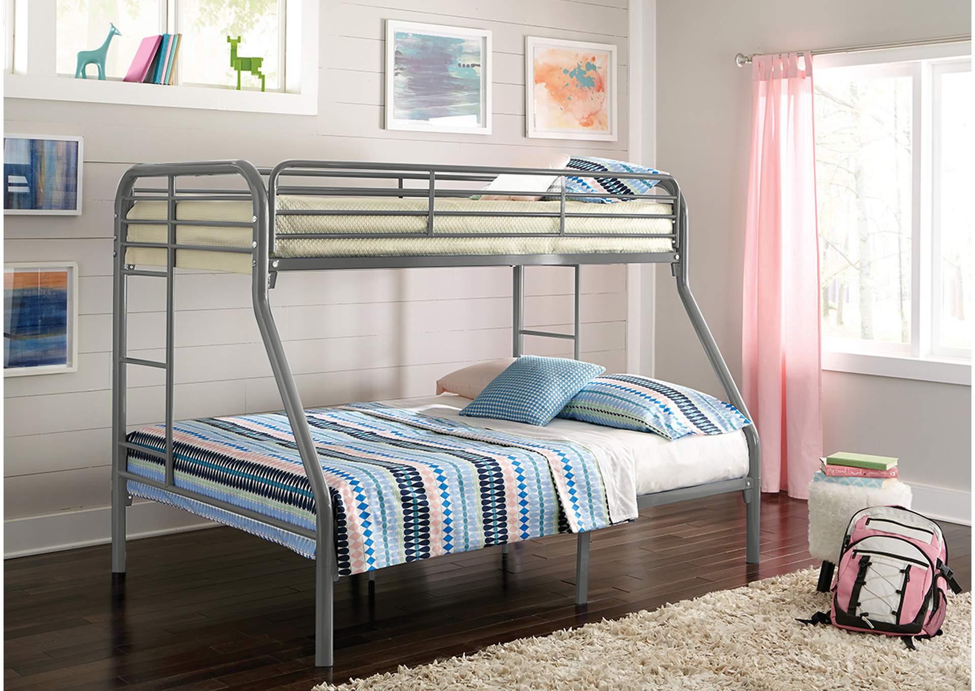 S490 Twin - Full Grey Tubular Metal Bunkbed image 1