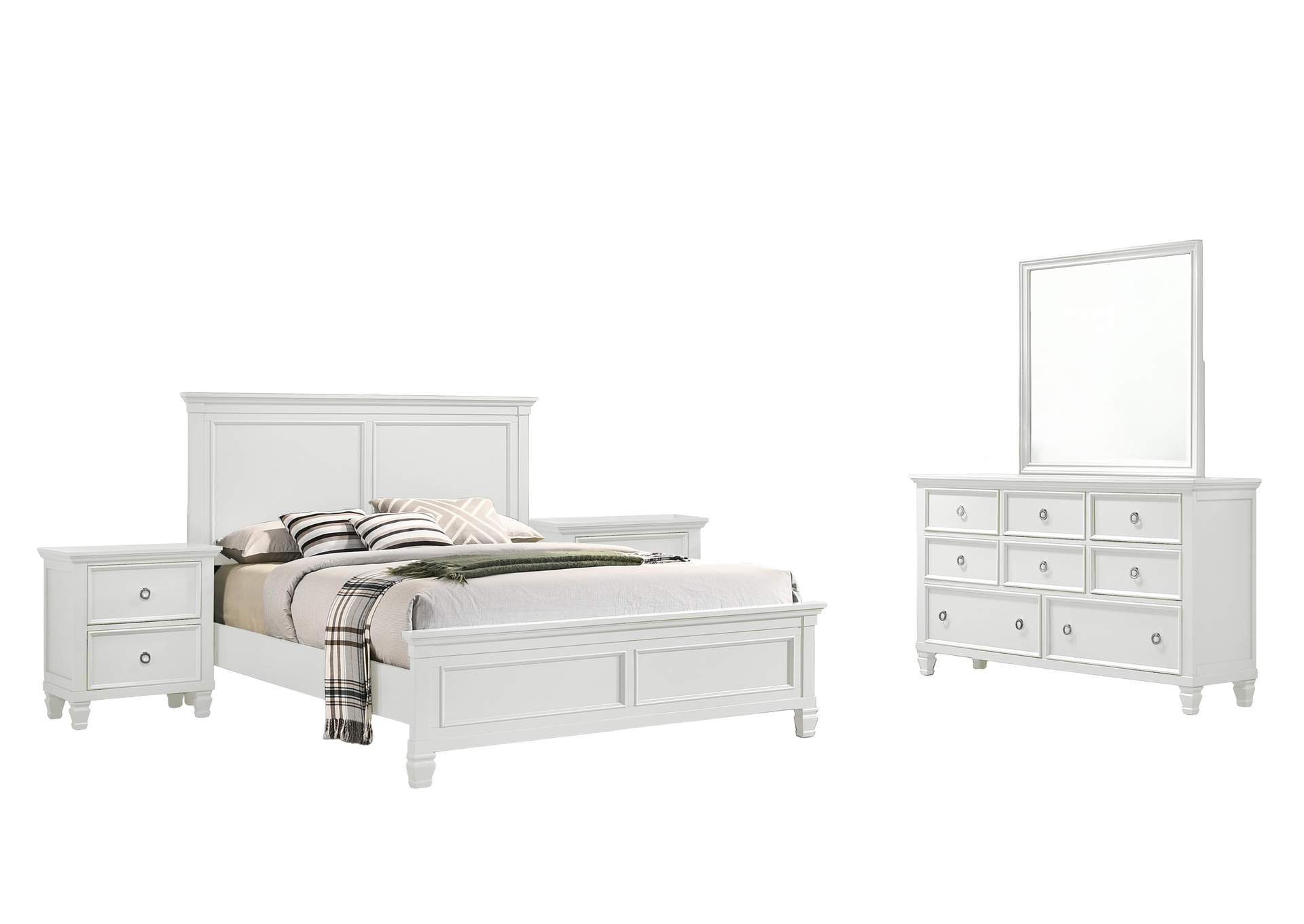 TAMARACK - KING 5 PIECE SET - BED, DRESSER, MIRROR, 2 NIGHTSTANDS - WHITE image 1