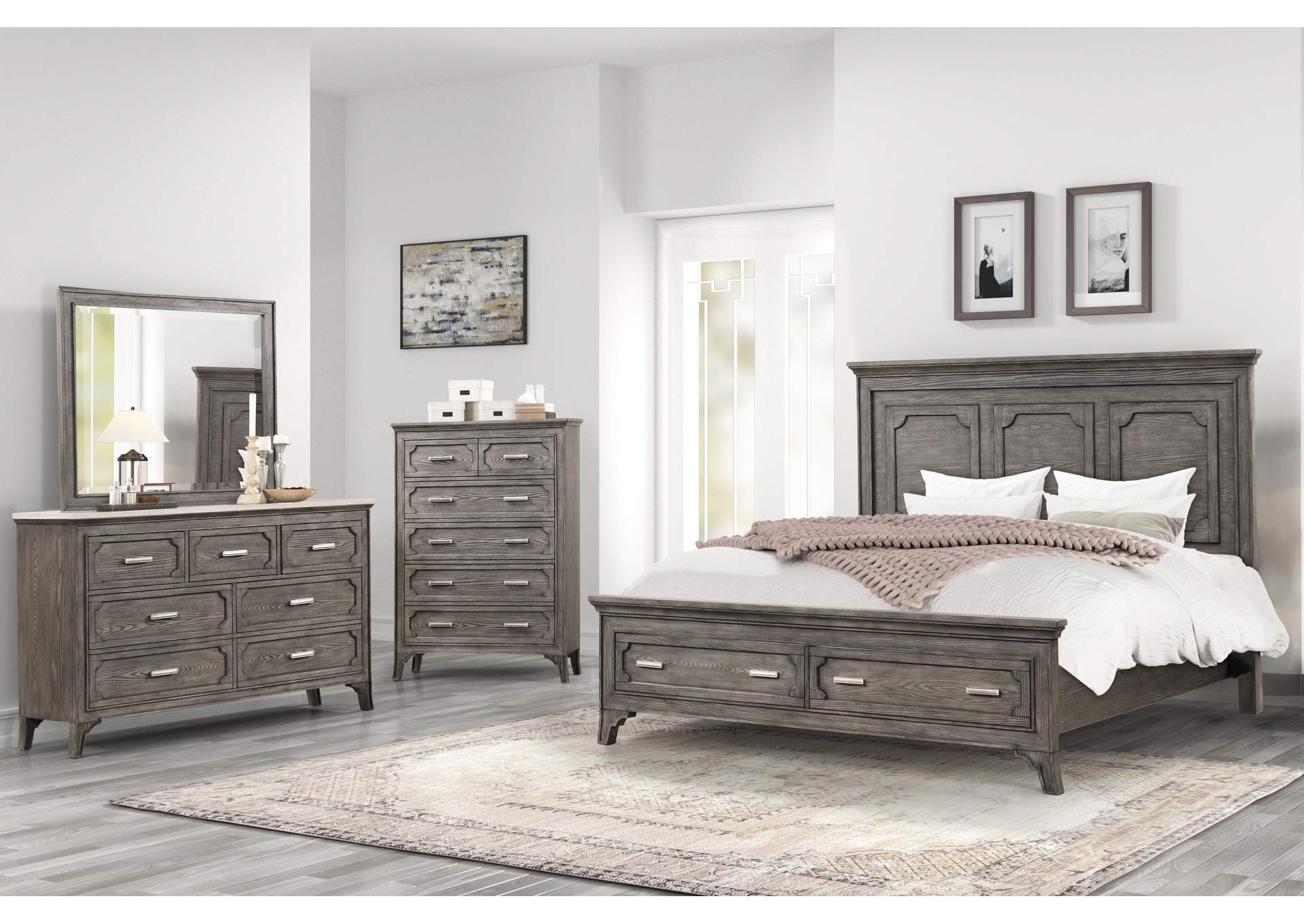 LISBON 4 PIECE CALIFORNIA KING SET - BED, DRESSER, MIRROR AND CHEST - GRAY