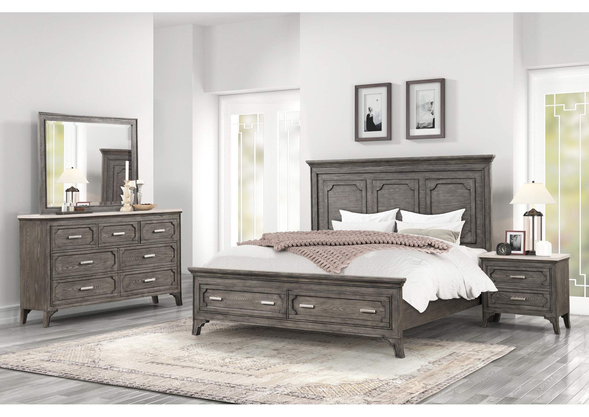 LISBON 5 PIECE CALIFORNIA KING SET - BED, DRESSER, MIRROR AND 2 NIGHTSTAND - GRAY