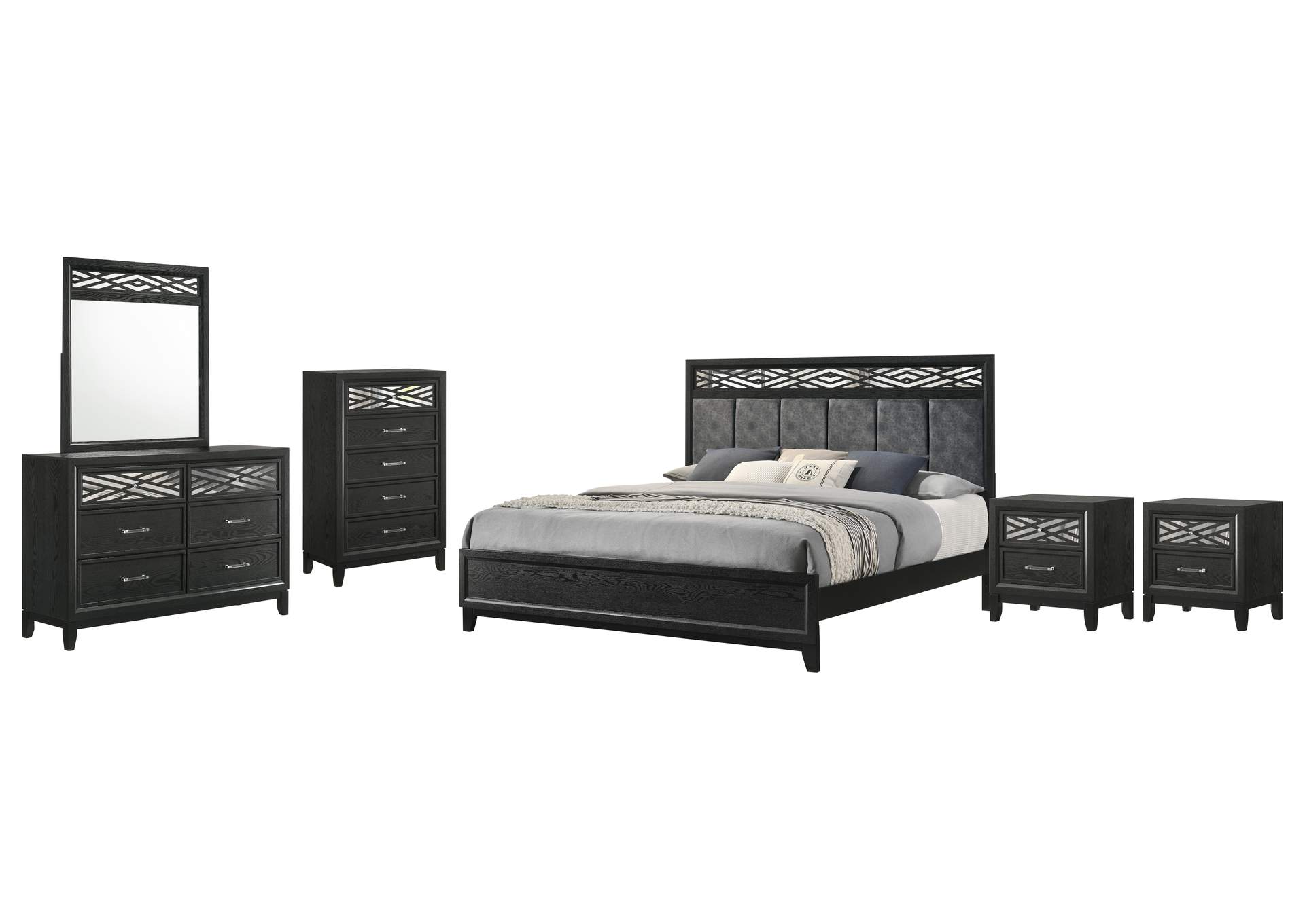 OBSIDIAN - KING 6 PIECE SET - BED, DRESSER, MIRROR, CHEST, 2 NIGHTSTANDS - BLACK
