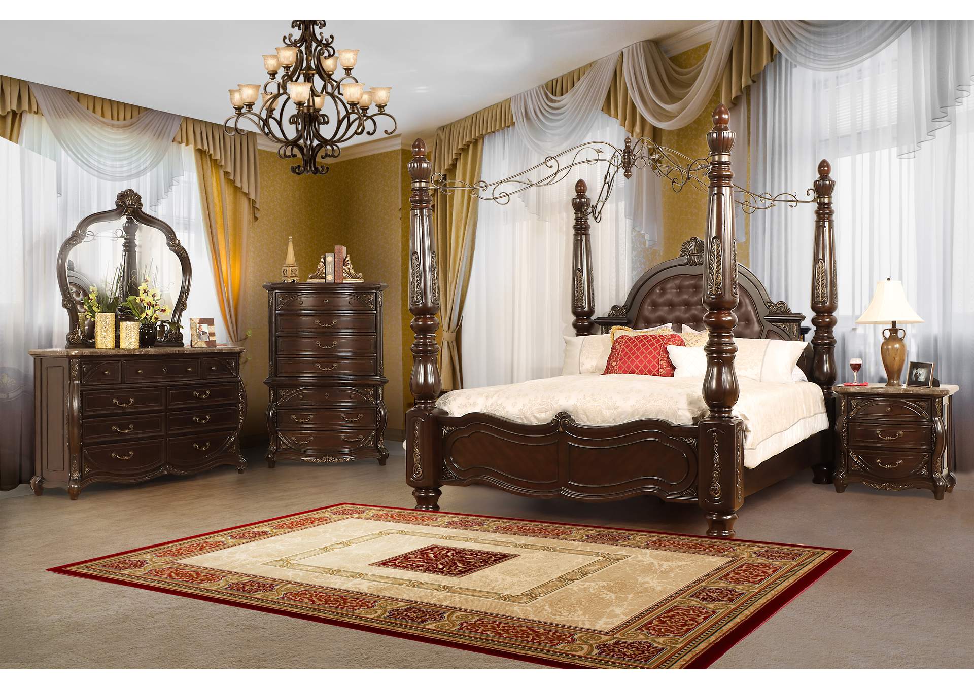 PALAZZO MARINA - QUEEN CANOPY - 5 PIECE SET - BED, DRESSER, MIRROR, CHEST, NIGHTSTAND