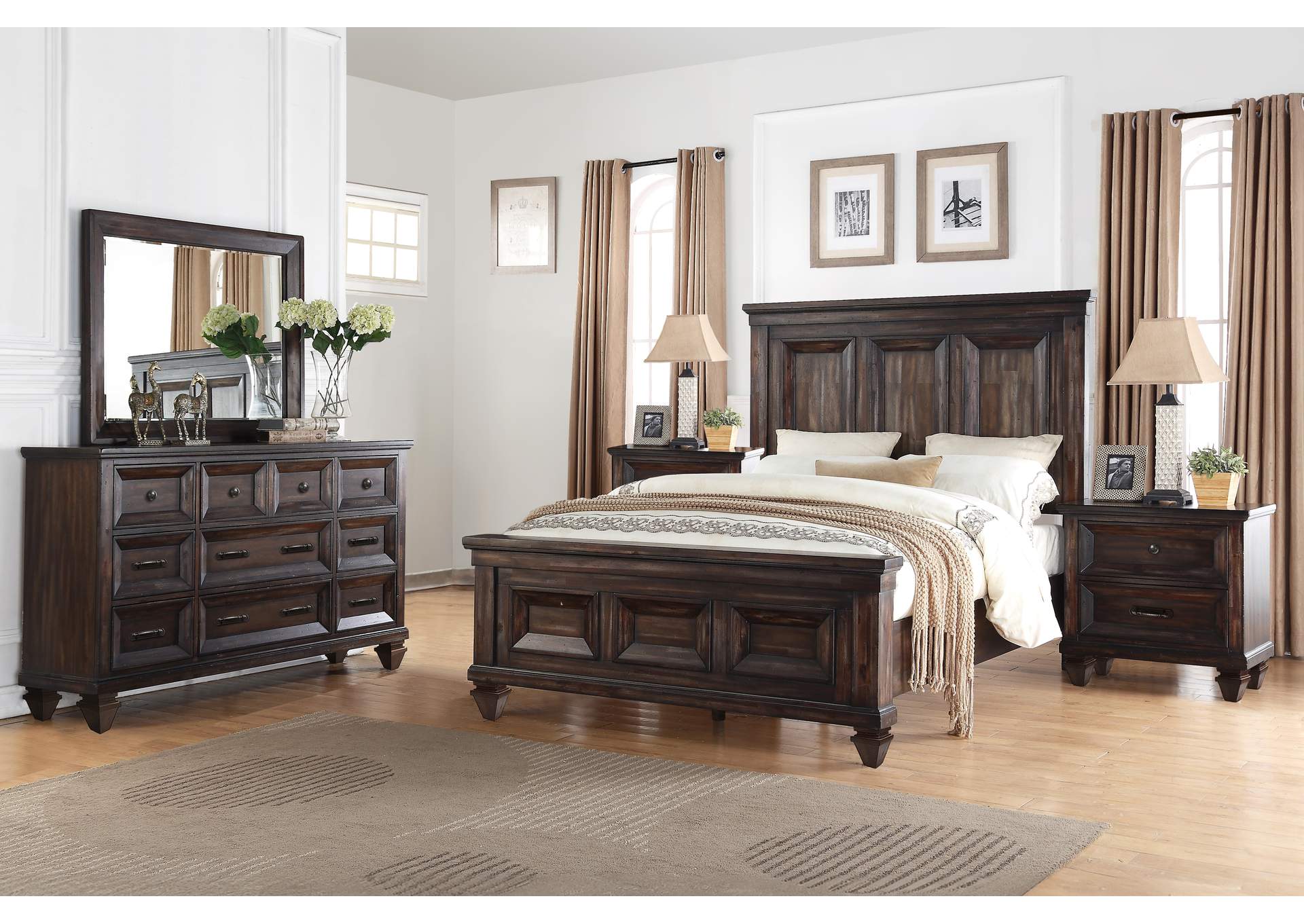 SEVILLA - QUEEN 5 PIECE SET - BED, DRESSER, MIRROR, 2 NIGHTSTANDS