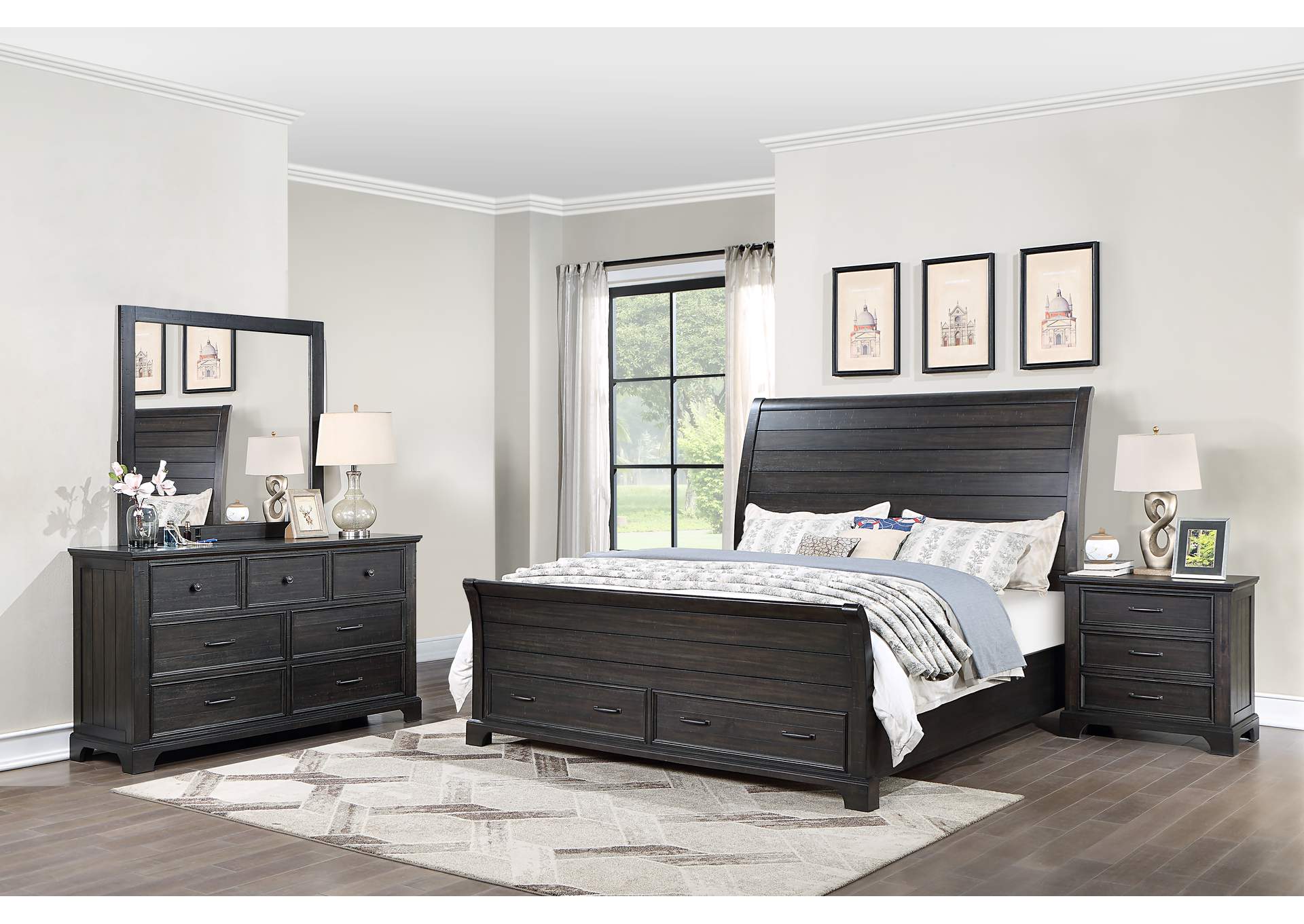 STAFFORD COUNTY KING 4 PIECE - STORAGE BED, DRESSER, MIRROR, NIGHTSTAND - WALNUT