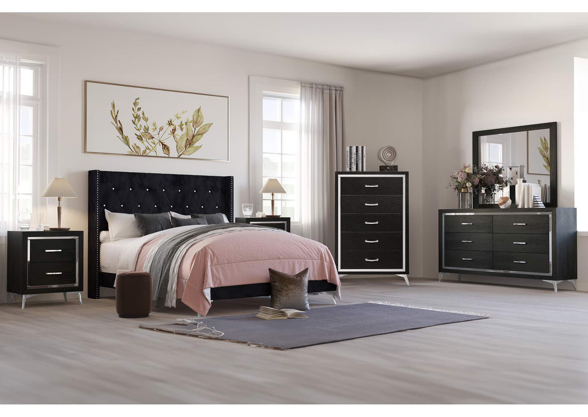 HUXLEY - QUEEN 6 PIECE SET - BED, DRESSER, MIRROR, CHEST, 2 NIGHTSTANDS