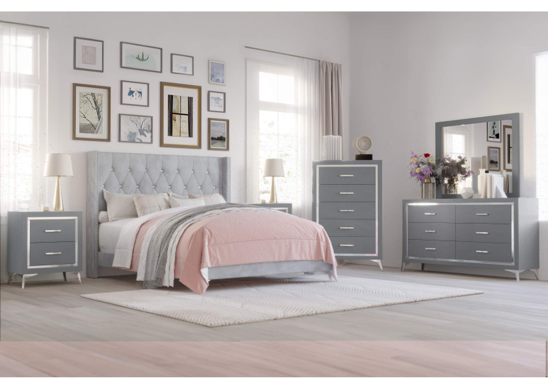 HUXLEY - KING 6 PIECE SET - BED, DRESSER, MIRROR, CHEST, 2 NIGHTSTANDS - GRAY