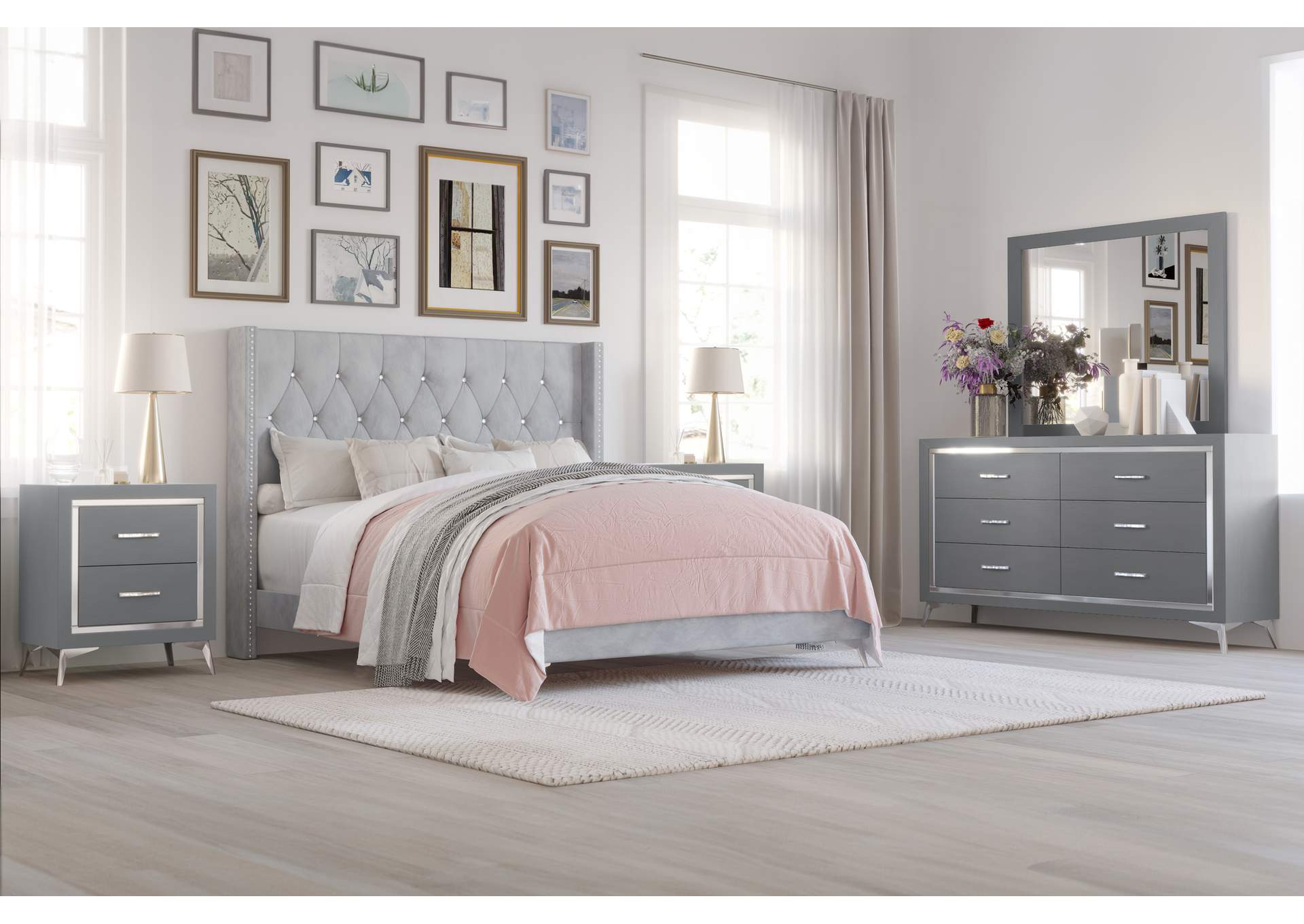 HUXLEY - CALIFORNIA KING 5 PIECE SET - BED, DRESSER, MIRROR, 2 NIGHTSTANDS - GRAY