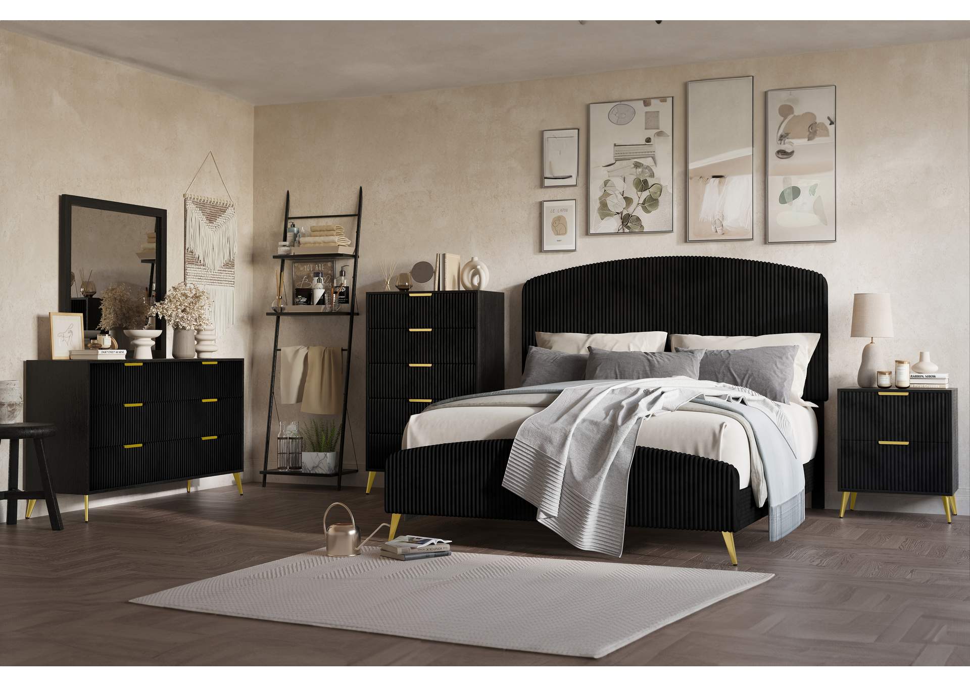 KAILANI - CALIFORNIA KING 5 PIECE SET - BED, DRESSER, MIRROR, CHEST, NIGHTSTAND - BLACK