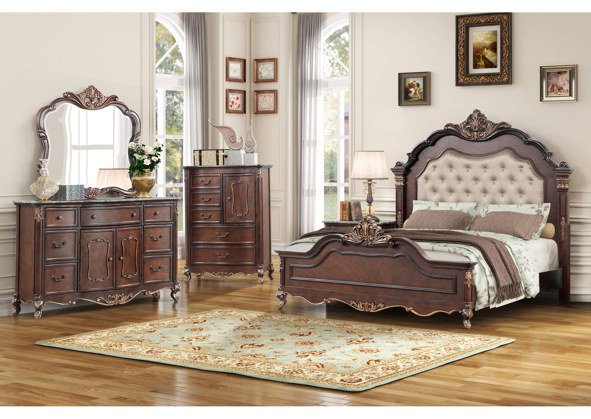 CONSTANTINE - KING 4 PIECE SET - BED, DRESSER, MIRROR, CHEST