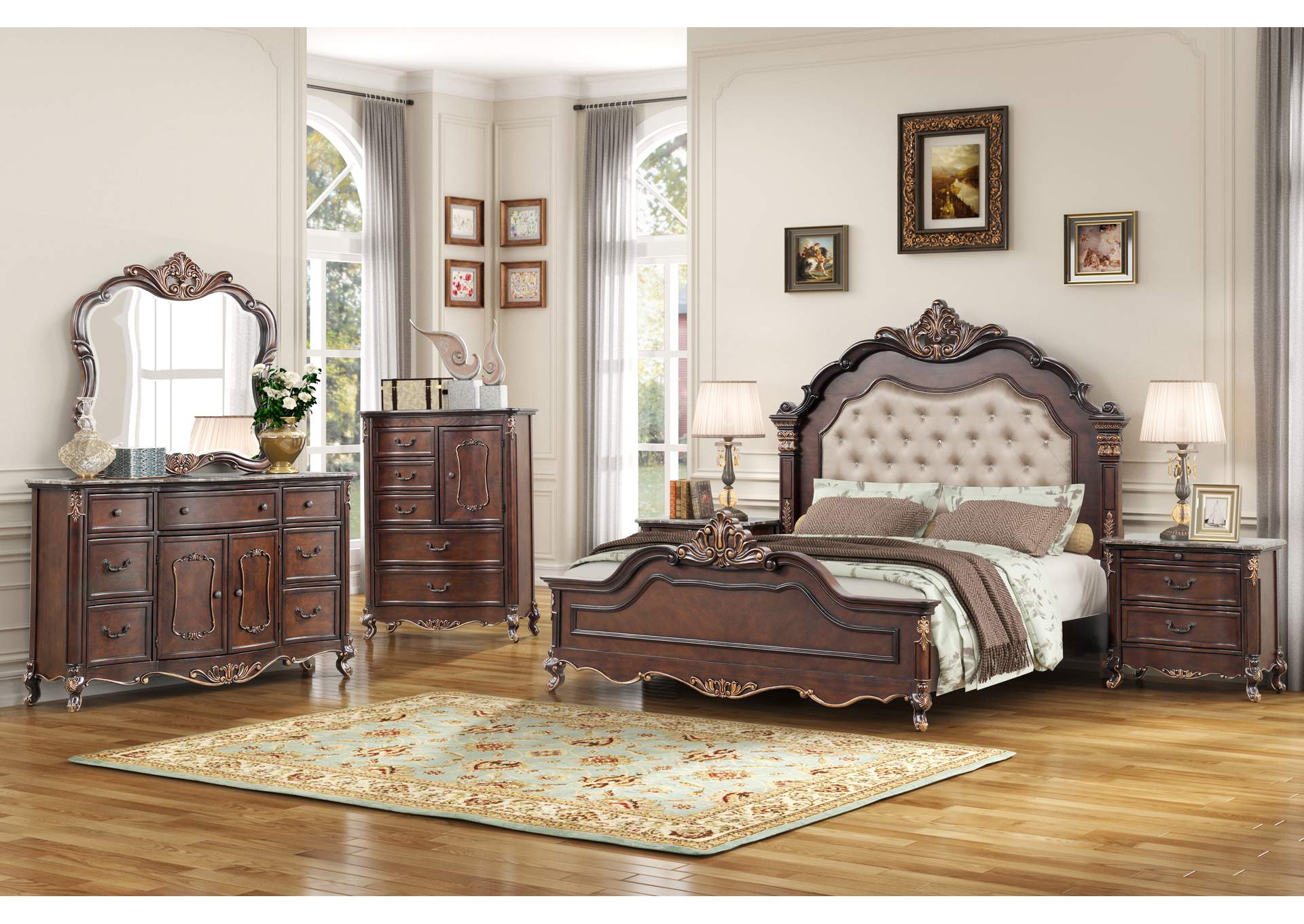 CONSTANTINE - QUEEN 5 PIECE SET - BED, DRESSER, MIRROR, CHEST, NIGHTSTAND