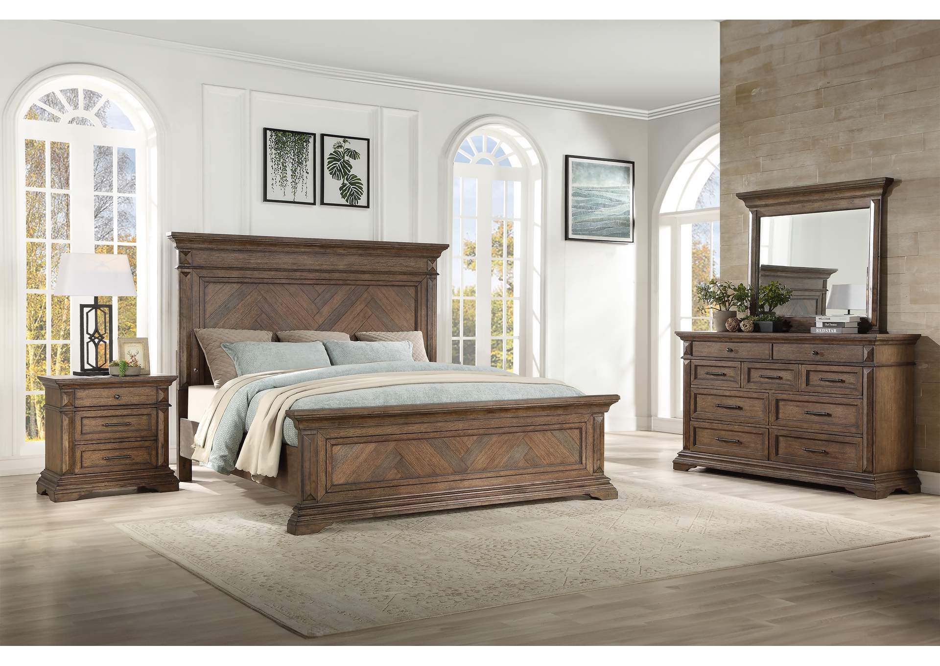 MAR VISTA CALIFORNIA KING 4 PIECE - BED, DRESSER, MIRROR, NIGHTSTAND - WALNUT