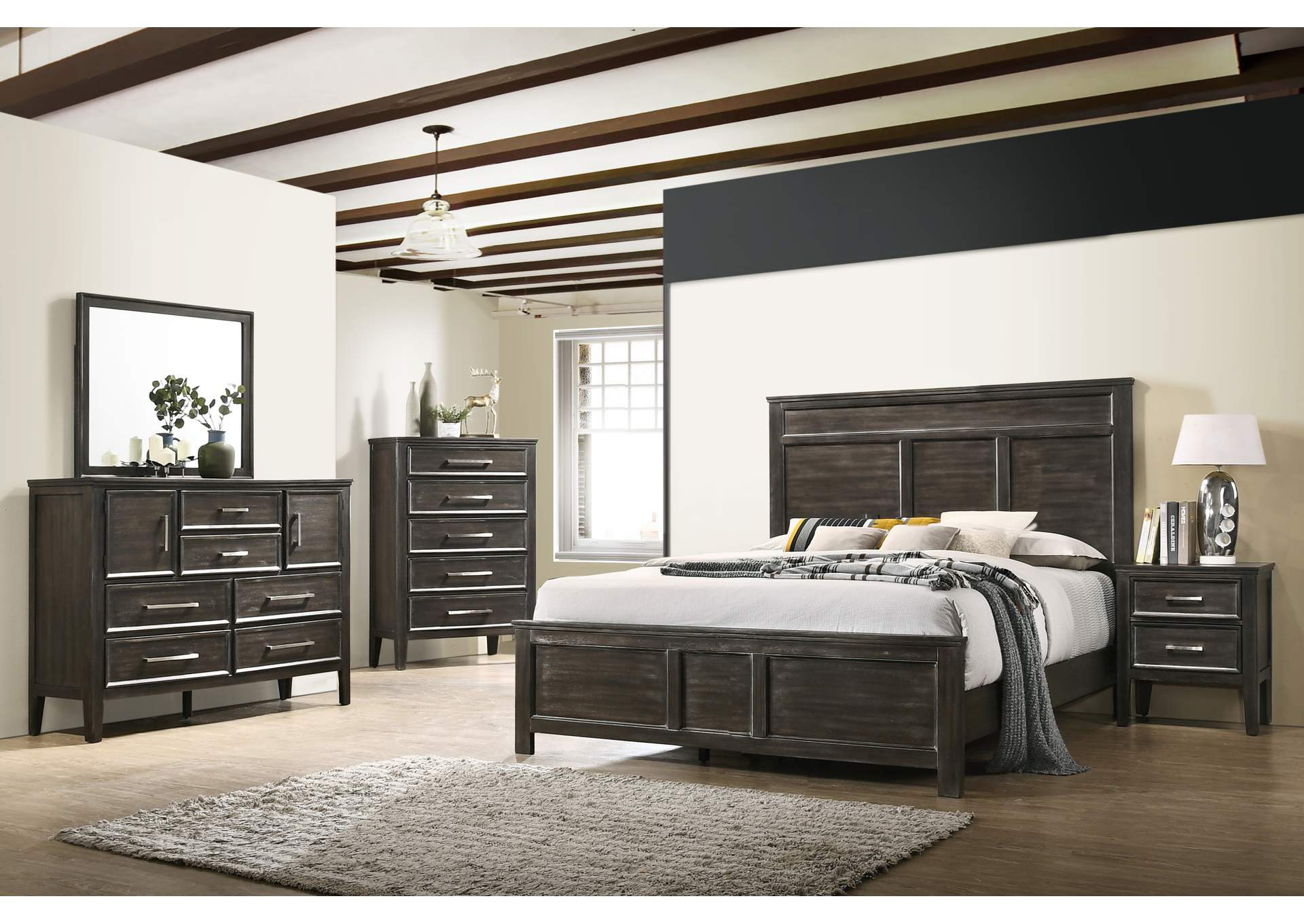 ANDOVER QUEEN 5 PIECE - BED, DRESSER, MIRROR, NIGHTSTAND, CHEST - NUTMEG