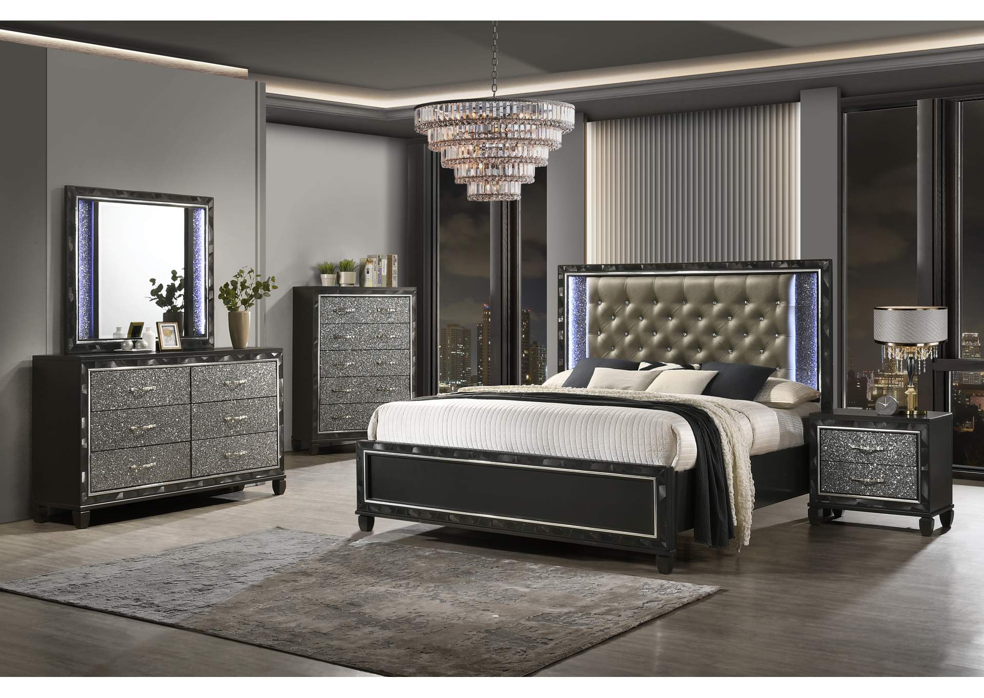 RADIANCE STORAGE - KING 5 PIECE SET - BED, DRESSER, MIRROR, CHEST, NIGHTSTAND - BLACK