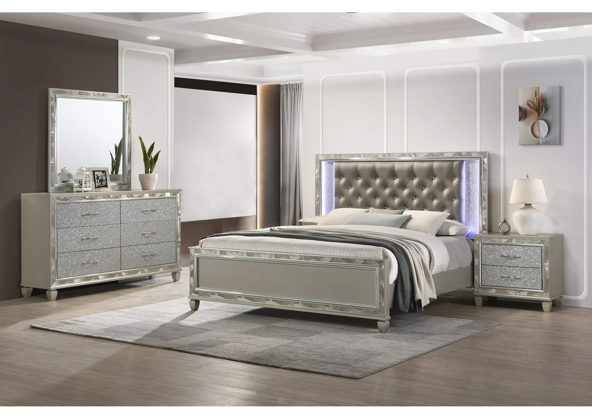 RADIANCE - KING 4 PIECE SET - BED, DRESSER, MIRROR, NIGHTSTAND