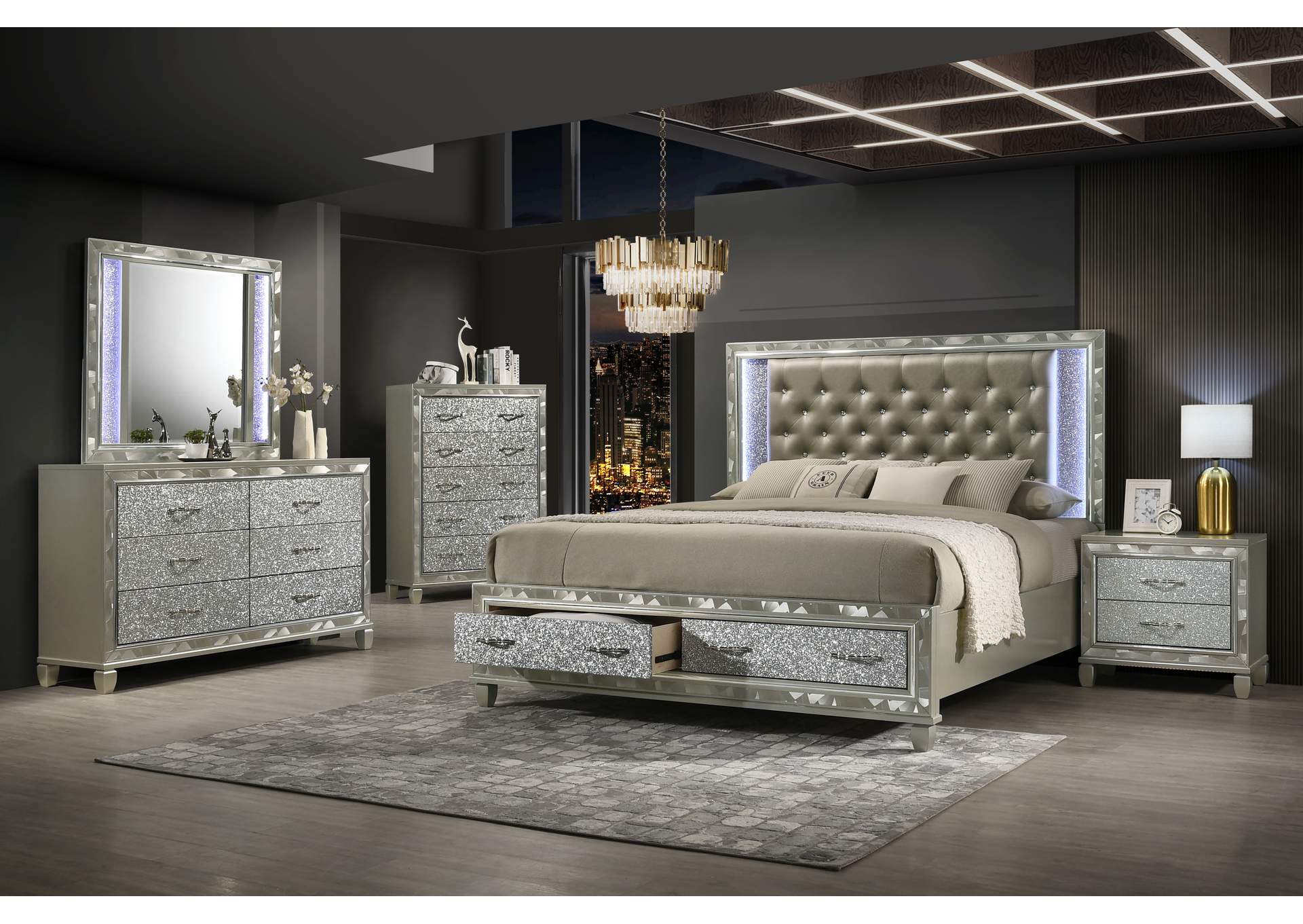 RADIANCE STORAGE - KING 5 PIECE SET - BED, DRESSER, MIRROR, CHEST, NIGHTSTAND - SILVER