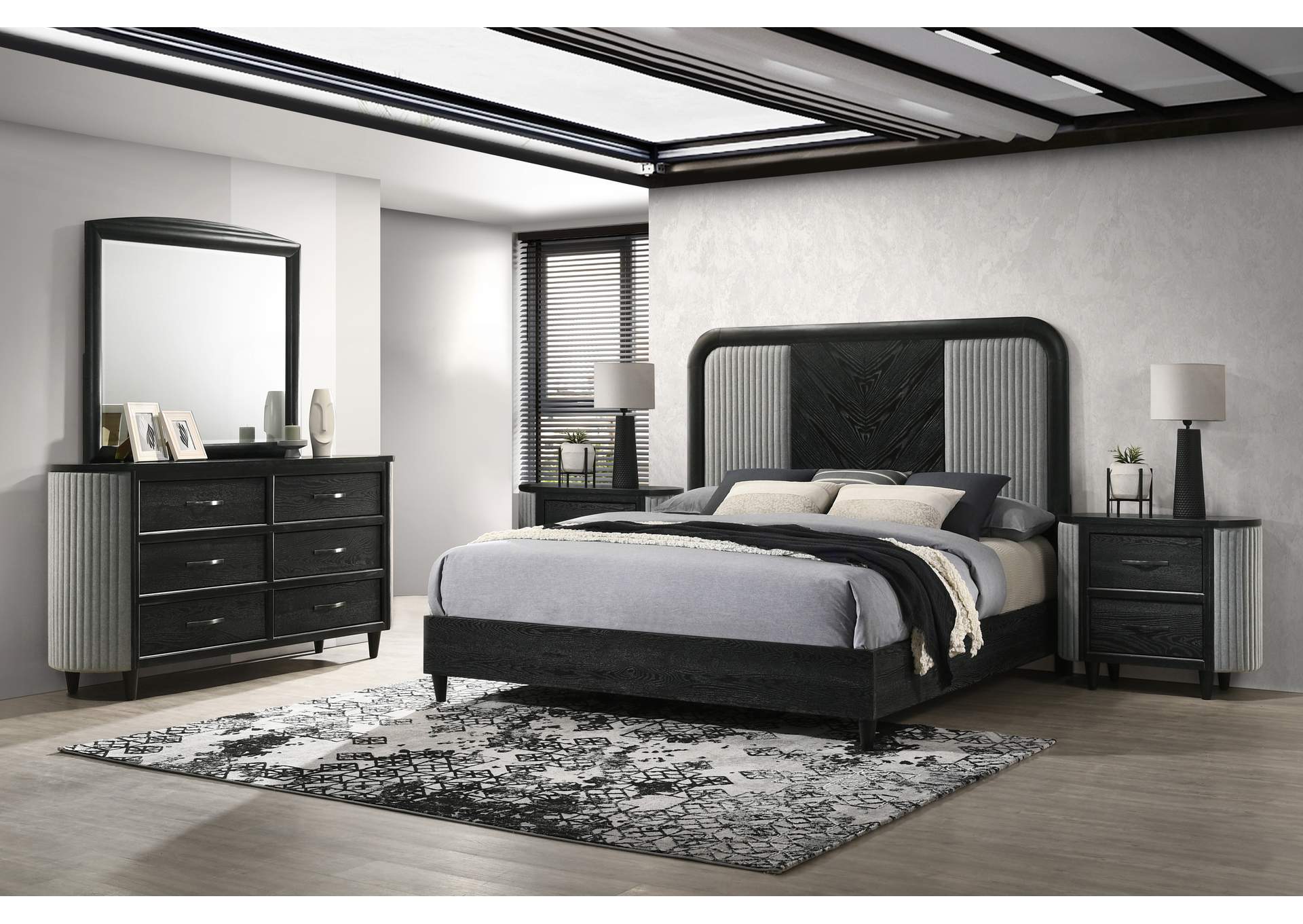 SKYLINE - KING 5 PIECE SET - BED, DRESSER, MIRROR, 2 NIGHTSTANDS