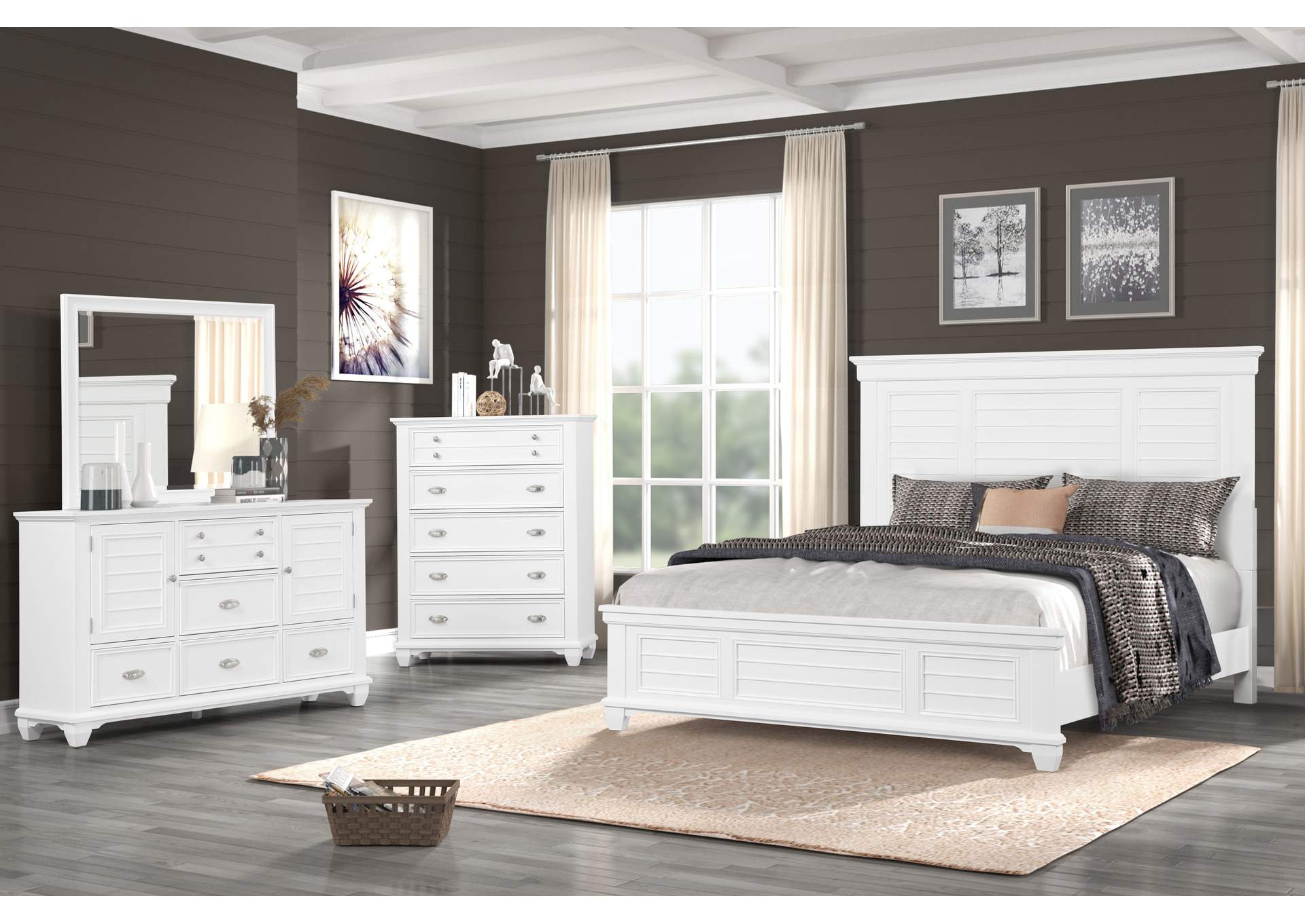 JAMESTOWN - KING 5 PIECE - BED, DRESSER, MIRROR, CHEST,1 NIGHTSTAND- WHITE