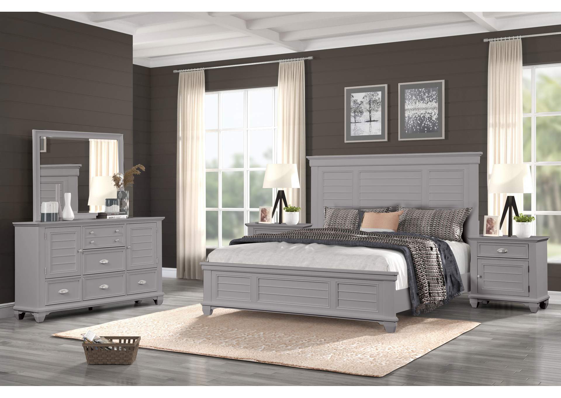 JAMESTOWN - CALIFORNIA KING 5 PIECE - BED, DRESSER, MIRROR, 2 NIGHTSTAND - GRAY