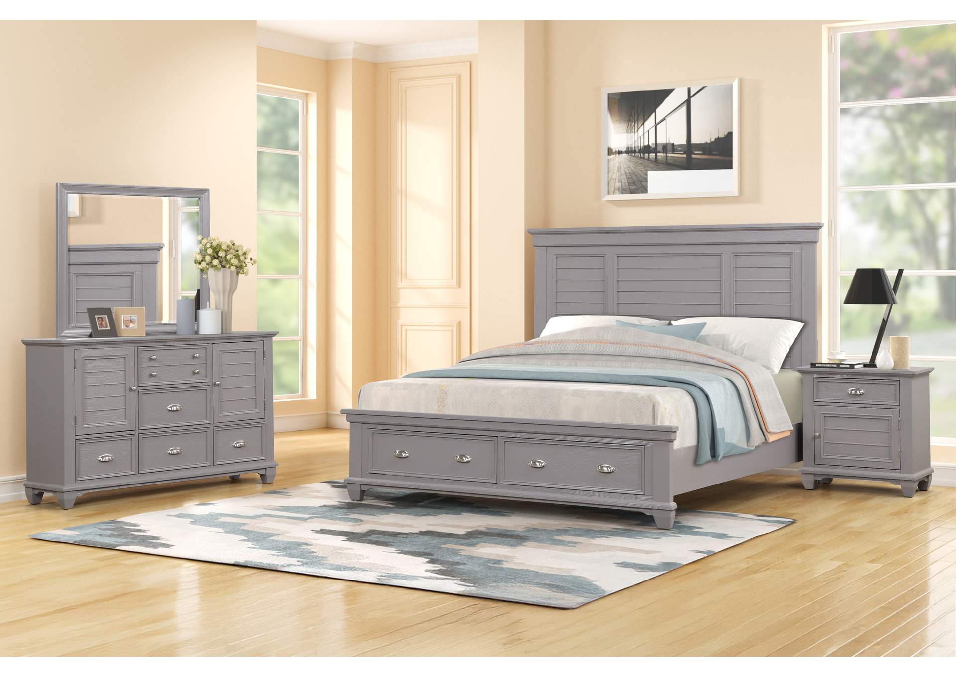JAMESTOWN - CALIFORNIA KING 4 PIECE - BED, DRESSER, MIRROR, NIGHTSTAND - WITH STORAGE - GRAY
