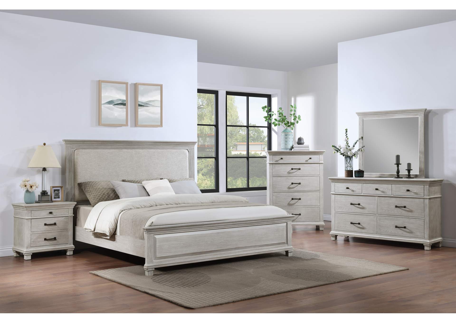 SILVER SANDS - KING 5 PIECE SET - BED, DRESSER, MIRROR, CHEST, NIGHTSTAND